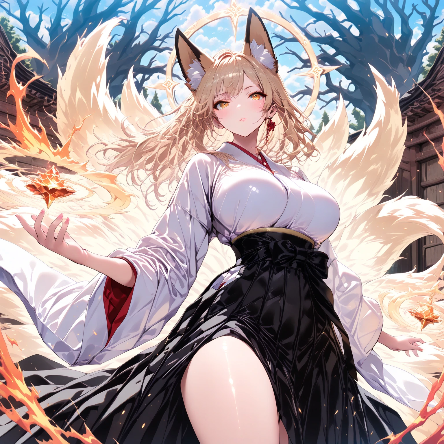 (Masterpiece:1.2, Best quality:1.2) , {Fox girl} , ((fox ear)) , Very long hair , pony tails , whaite hair , Medium breasts ,Black eyes ,((Masterpiece)), (((Best quality))), ((Ultra-detailed)), ((illustration)), ((Disheveled hair)) , parfect anatomy ,Black strapless dress, Cloak, Black pantyhose,eaba , Solo , one-girl , (at a forest) , magic , Fire on the hand , Night , Moon , Moon light , (Fighting posture) , Magical Circle , The hand rests on a large fireball , Fire cube on a circle ,