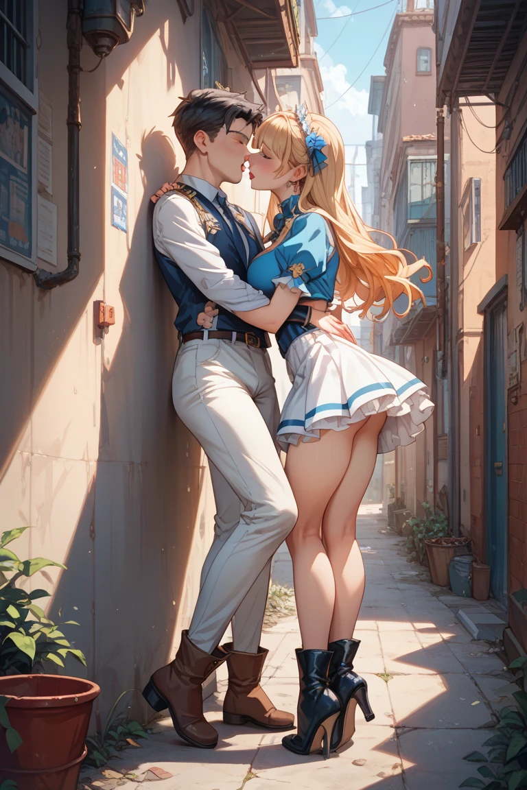 There are two characters. One is a cute ginger hair with green eyes anime woman. There other is a cute anime man. The woman is peeing in her panties on the legs of the man. The pee is dripping and yellow. There is pee on the ground. The man is wet from the pee.