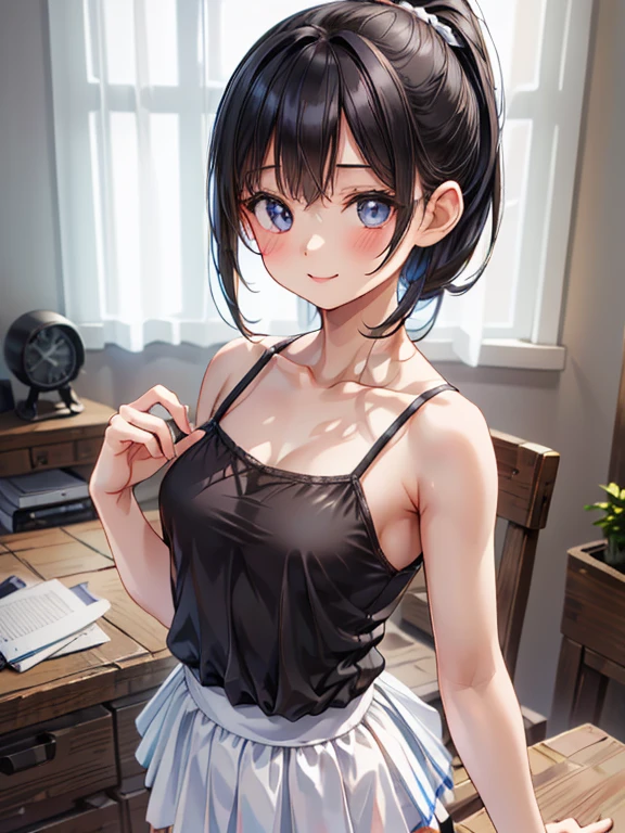 smile、Realistic Face、Sweaty、、Black Mohawk Hair、Tomboy.Emphasis on breast valley、Wearing a tシャツ.Shorts、Sexy posing、Embarrassed expression