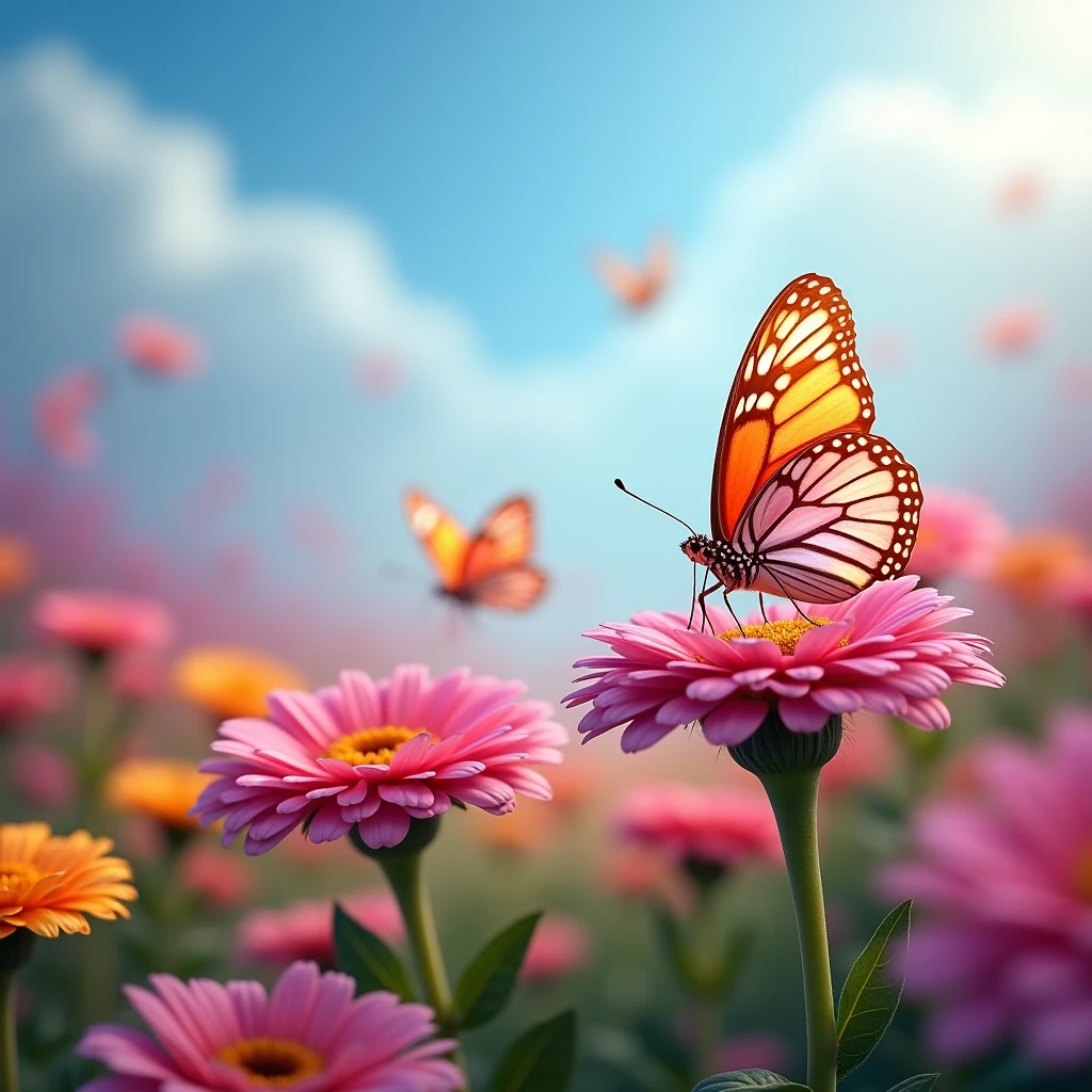 There are many different colored flowers with a butterfly on top ...