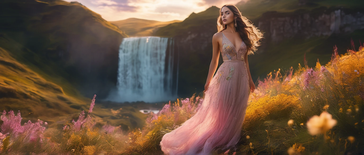 Best quality,Masterpiece,ultra-detailed high res,(Photorealistic:1.4),RAW photo,,illustration,1 girl, Serene expression, mesmerizing eyes, straight long hair, floating dress, poised posture, Porcelain skin, Subtle blush, crystal pendant BREAK, prime time, (rim lit):1.2, Warm tones, Sun flare, Soft shadows, Vibrant colors, painterly effect, dreamy atmosphere scenic lake, Distant mountains, willowy, Calm water, Reflection, Sunlit clouds, tranquil ambiance, Idyllic sunsets, Ultra detailed, offcial art, Unity 8k wallpaper,
