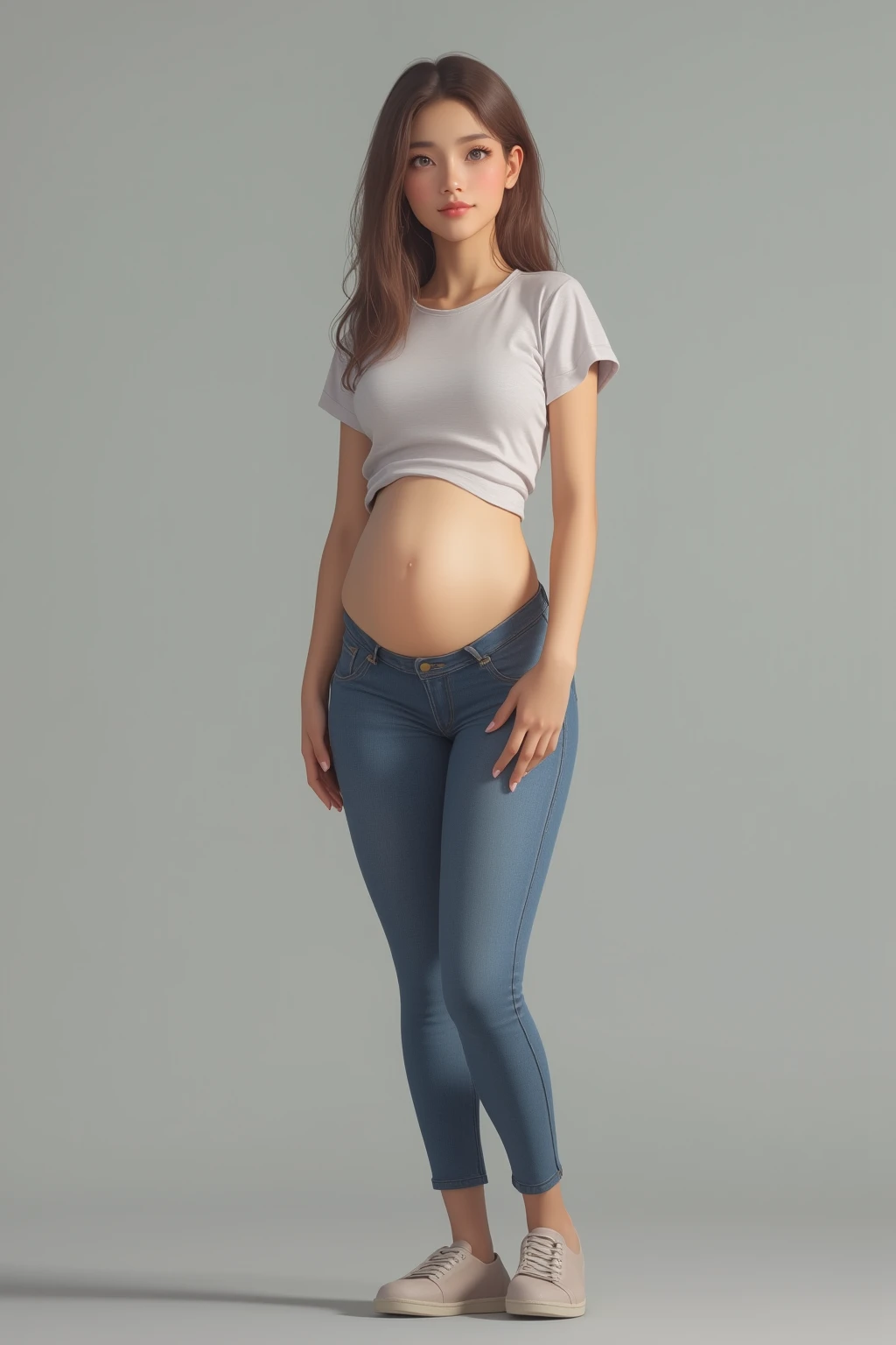absurdres, RAW photo, extremely delicate and beautiful, masterpiece, Best Quality, ultra high resolution, 32k, hyperrealistic, ultra-detailed, perfect anatomy, perfect figure, super Detailed skin, Very detailed CG 8k wallpaper, pregnant body, narrow waist, very small head, very small face, delicate facial features, tearful mole, earring, thin legs, (playing breast:1.3), (playing nipple:1.3), (perfect breasts:1.3), (full body shot:1.1), (solo:1.2), long hair, (wavy hair:1.2), (hard nipple: 1.3), wet clothes, (casual Clothes:1.3),