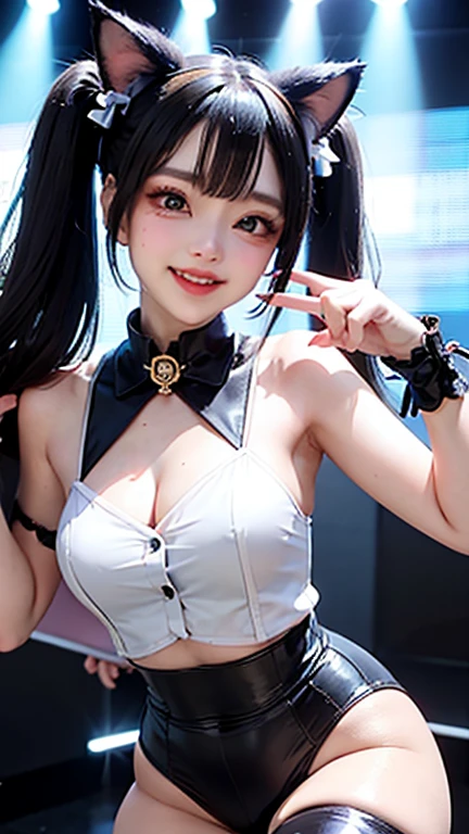(1girl:1.3),4k picture, Japanese Girl, ((Cute girl)), Cozy girl, ((Oriental eyes)), ((Detailed eyes)), black hair, Detailed hair, ((Bangs)), Beautifully detailed face, Beautiful Hands, Shiny skin, standing, happy smile, ((Gaming room, Neon lights, Cyberpunk)), Long hair, White sleeveless, wearing shorts, Beautiful body,(Perfect Anatomy, Highly detailed skin), left hands on the shoulder, looking at the viewer, ((masterpiece, best quality:1.4))