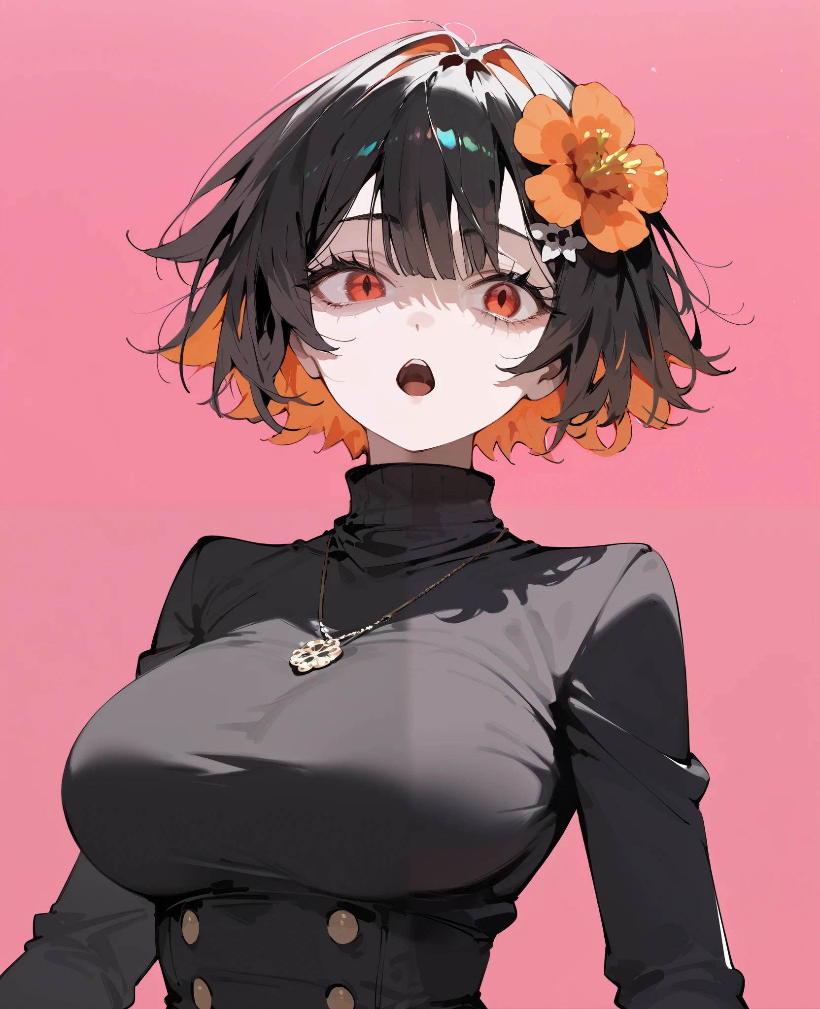 girl,orange hair, multi colour hair,black hair,in red eyes,for short hair, Tomboy,black dress, ghoul eyes, light pink background ,big breasts,Flower Hair Ornament, Straight Line,Put on a military necklace, turtleneck ,Open your mouth
