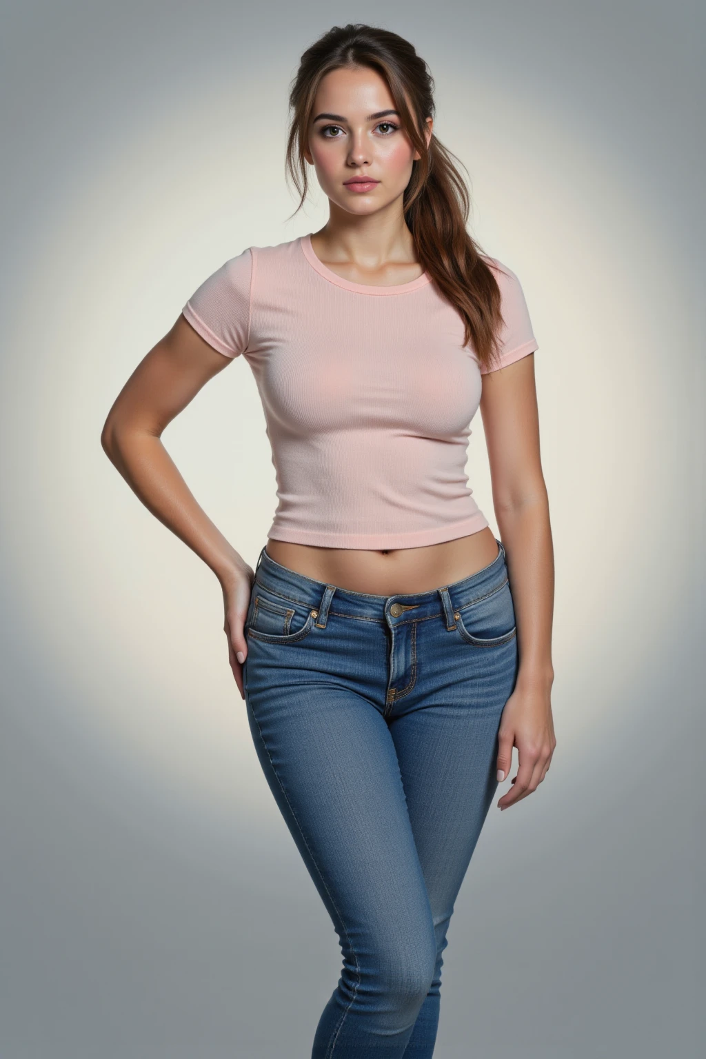 arafed woman in a pink blouse and denim shorts posing for a picture, pink blouse, pink clothes, with torn t-shirt, Waist slender, tight shirt, Waist slender, top cut, Waist slender e quadris grossos, exposed belly, thin girl model photo, wearing tight shirt, jeans and t shirt, wearing top cut