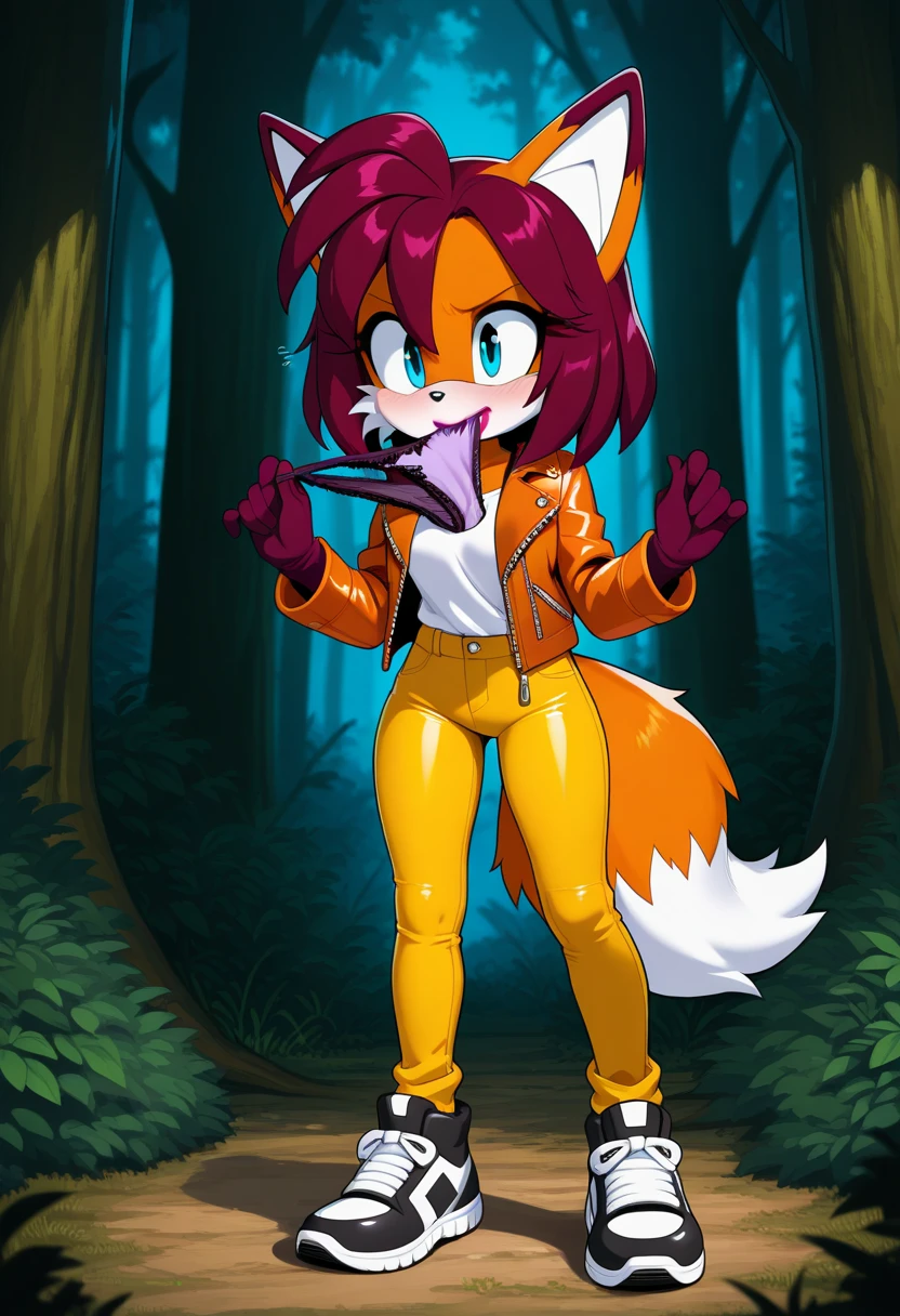 by fluff-kevlar, by ouka, by Kilinah, (((woman, extremely detailed, extremely detailed legs, extremely detailed arms, extremely detailed face, perfectly detailed eyes, perfectly detailed ???????))): 1.2, beautiful and detailed portrait of an anthropomorphic vixen ((female))), anthro, female, red fox, high definition, good anatomy, orange fur, orange body, highly detailed face, deep yellow iris, yellow eyes, red hair, long hair, speech bubble, heart, hearts, dark lighting, moody lighting, sexy body, slanky body, sexy face, nice, hot, cute, pawpads, cute paws, in a forest, standing, bending over, blushing, friendly smile, smile, friendly, elegant, dark, mysterious, alluring, beautiful, thigh highs, SFW, sfw (safe for work), furr covering chest