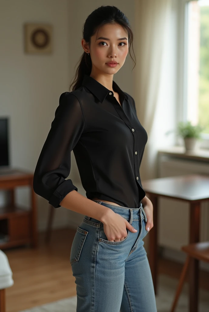 (8k, best quality, masterpiece:1.2), (realistic, photo-realistic:1.37), ultra-detailed, 1 girl, cute, solo, beautiful detailed sky, detailed cafe, night, sitting, dating, (nose blush), (smile:1.15), (closed mouth) small breasts, beautiful detailed eyes, (collared shirt:1.1), night, wet, business attire, rain, white lace, (short hair:1.2), floating hair NovaFrogStyle, topless,