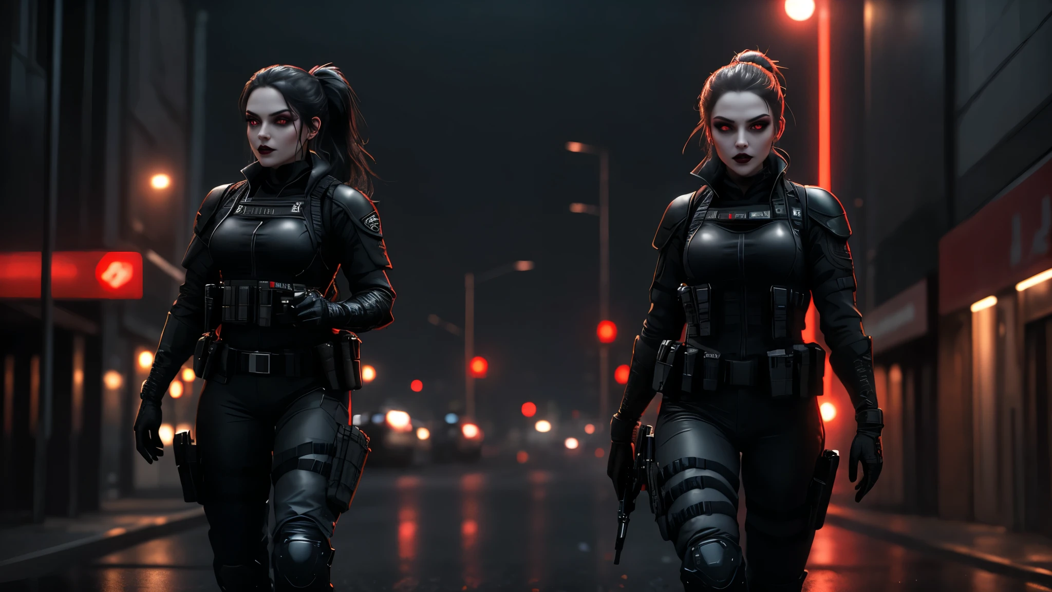 cinematic portrait of a beautiful female vampire standing still, facing the observer directly, pale skin, piercing red glowing eyes, subtle sharp fangs visible, strong and athletic build, curvy yet muscular body, dressed in black tactical special ops outfit, black tactical vest, full tactical gear with gloves and boots, utility belt, no weapons in hands, hair tied in a ponytail with loose strands blowing in the wind, confident and powerful posture, dramatic cinematic lighting, night urban street scene, wet asphalt reflecting neon lights, completely alone, no other people around, wide empty background, moody and mysterious atmosphere, hyperdetailed face and clothing, professional photography, cinematic look, hyper-realistic details, full body photo, natural light, 35mm photograph, film, professional, 4k, highly detailed, Golden hour lighting. Depth of field F2. Rule of Thirds Composition.
