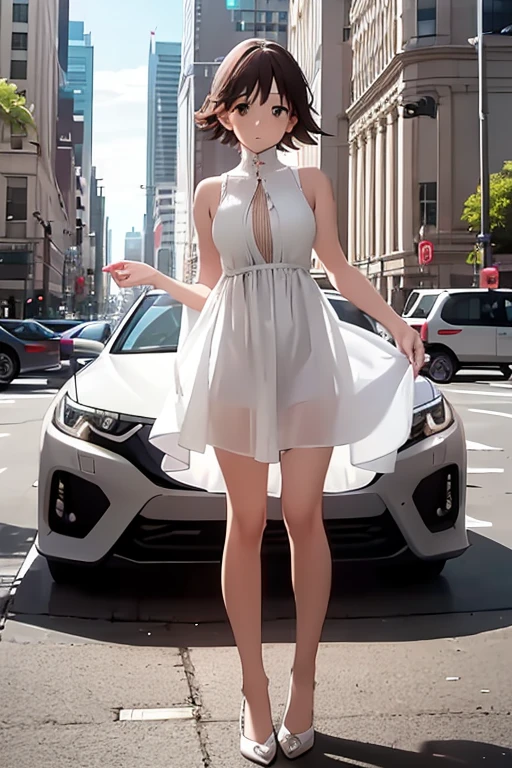 top-quality、Full limbs、complete fingers、One beautiful woman、Beautiful Large Breasts、short-hair、bobhair、Brown hair、Race Queen Costume、A big smile、motor show、Event Venues