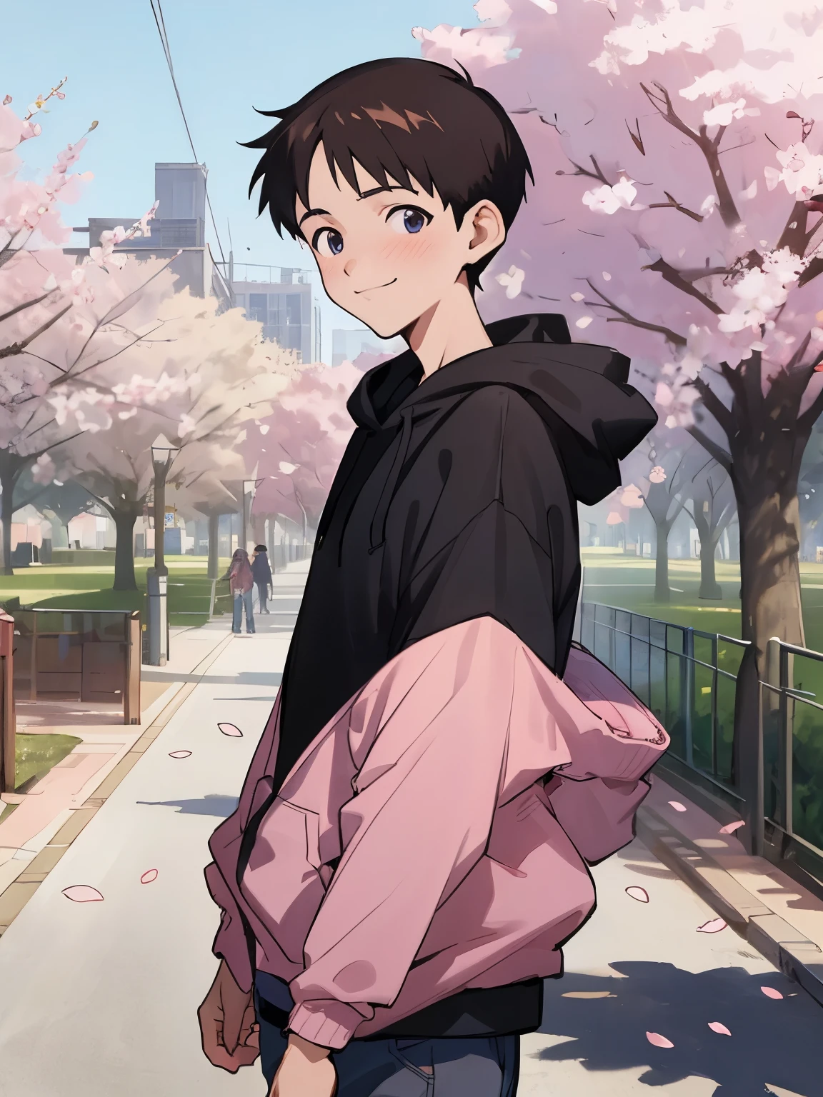 ((masterpiece)), top quality, (1boy:1.4), solo, (ikarishinji), black hoodie, male focus, looking at viewer, shy, light smile, city park road, cherry blossoms, cowboy shot, from front,