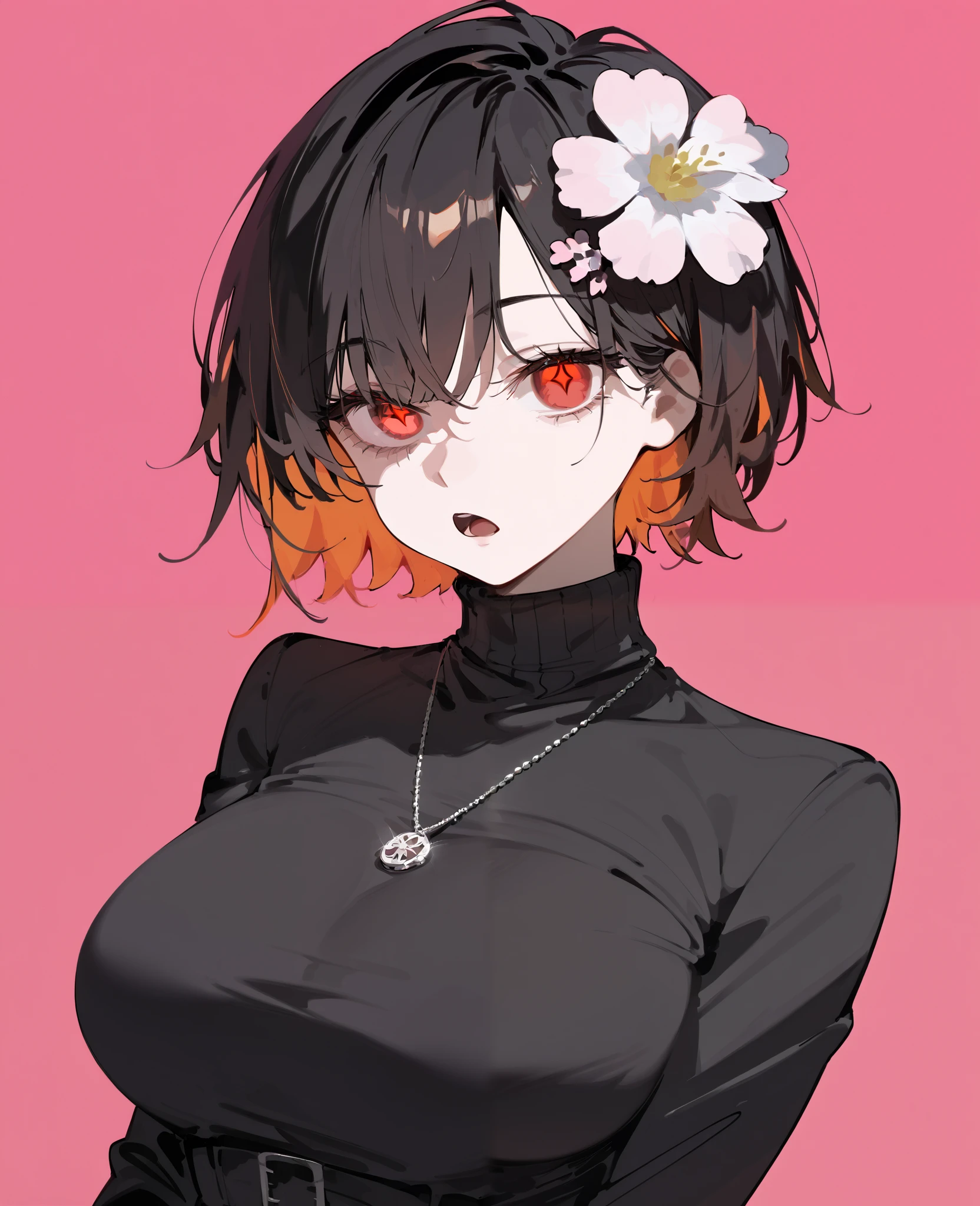 girl,orange hair, multi colour hair,black hair,in red eyes,for short hair, Tomboy,black dress, ghoul eyes, light pink background ,big breasts,Flower Hair Ornament, Straight Line,Put on a military necklace, turtleneck ,Open your mouth,Glowing eyes
