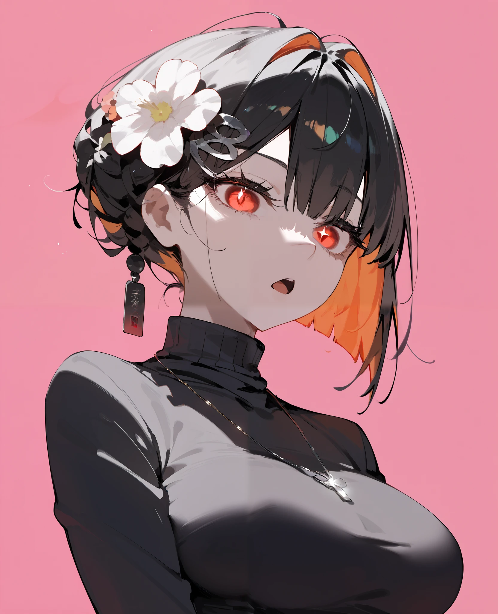 girl,orange hair, multi colour hair,black hair,in red eyes,for short hair, Tomboy,black dress, ghoul eyes, light pink background ,big breasts,Flower Hair Ornament, Straight Line,Put on a military necklace, turtleneck ,Open your mouth,Glowing eyes