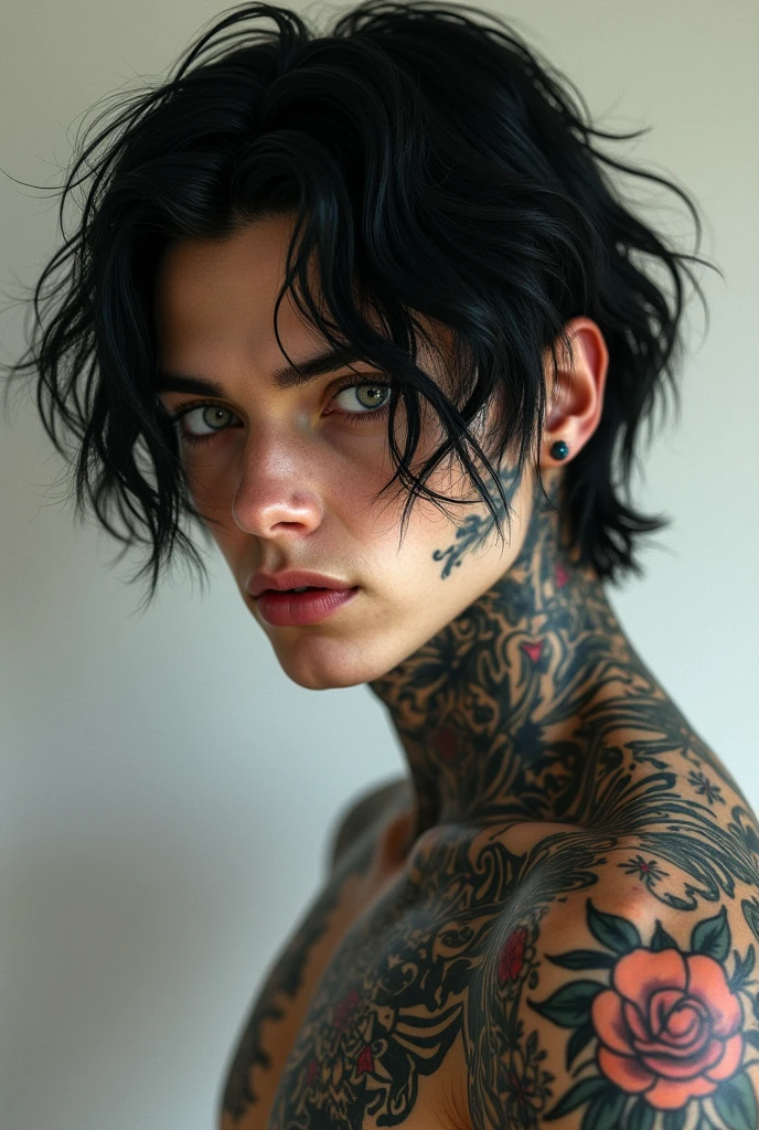male, pale skin, black emo hair, dark blue eyes, button nose, realistic, tattoos, edgy, lanky