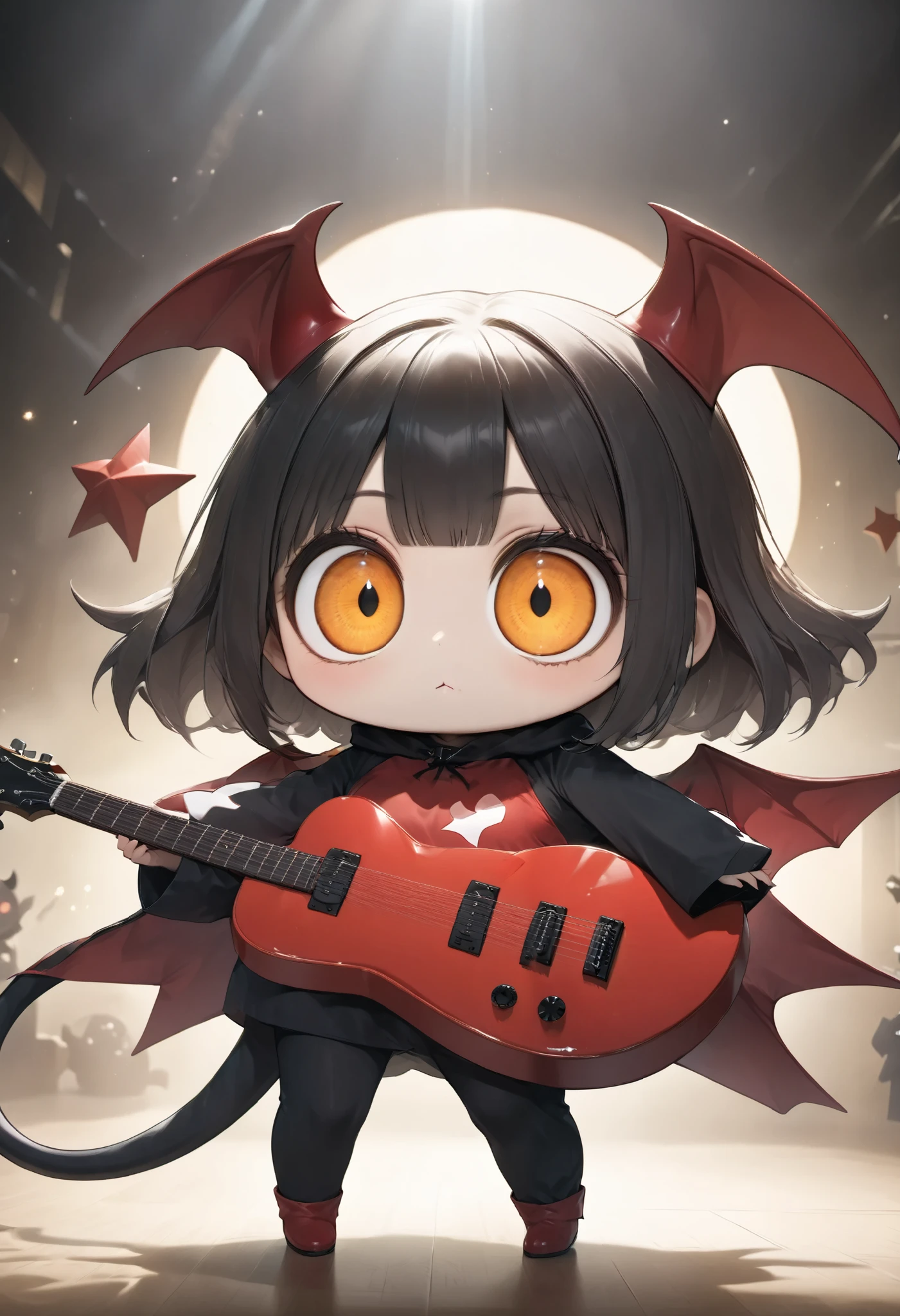 cute style, girl, very big eyes, ridiculous size, squishy eyes, little devil costume, tail at the tip of the heart, playing guitar , transform into a star, PROFESSIONAL, black kanji, hz kuchin,