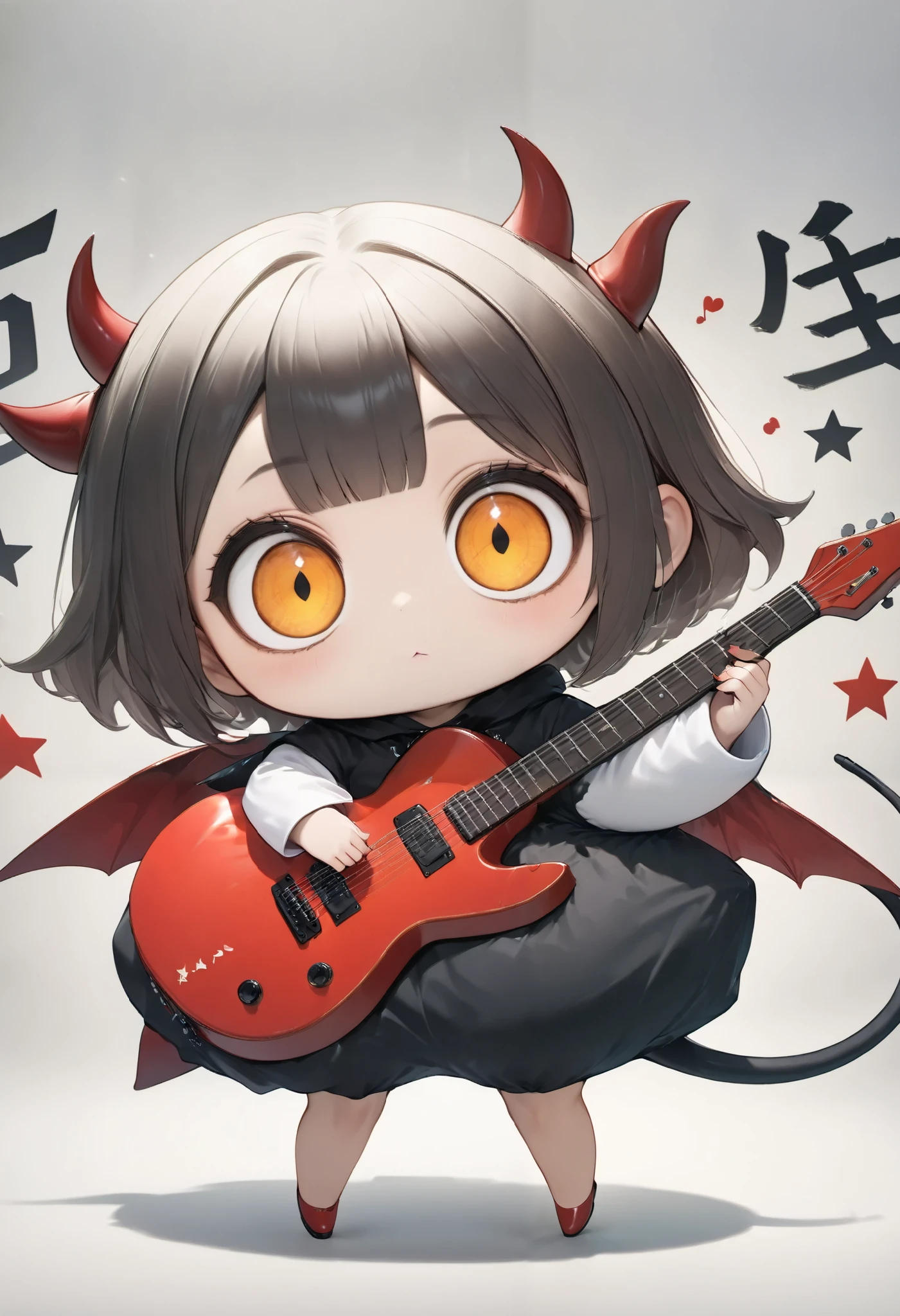 cute style, girl, very big eyes, ridiculous size, squishy eyes, little devil costume, tail at the tip of the heart, playing guitar , transform into a star, PROFESSIONAL, black kanji, hz kuchin,