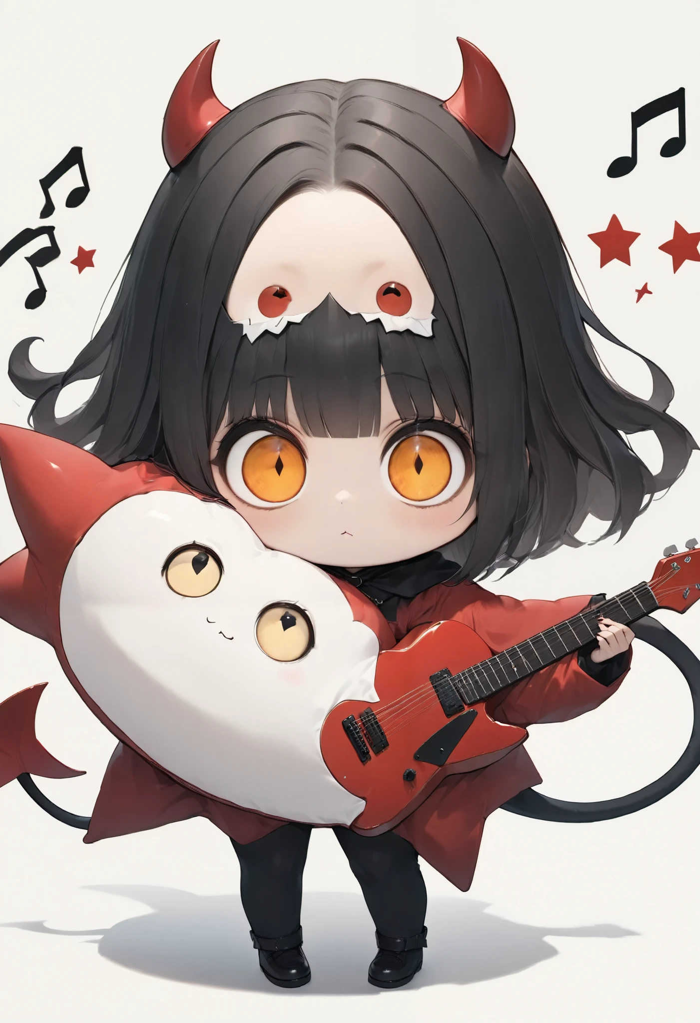 cute style, girl, very big eyes, ridiculous size, squishy eyes, little devil costume, tail at the tip of the heart, playing guitar , transform into a star, PROFESSIONAL, black kanji, hz kuchin,