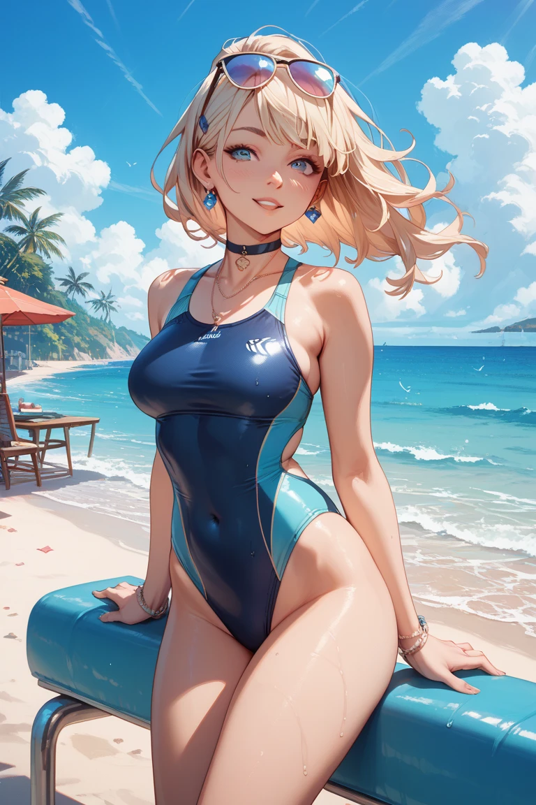 realistic, best quality, masterpiece, woman's tight swim suit, big tits, brand's logos, beach, sunglight hitting chest, <lora:OC:0.7> <lora:add_detail:0.5>