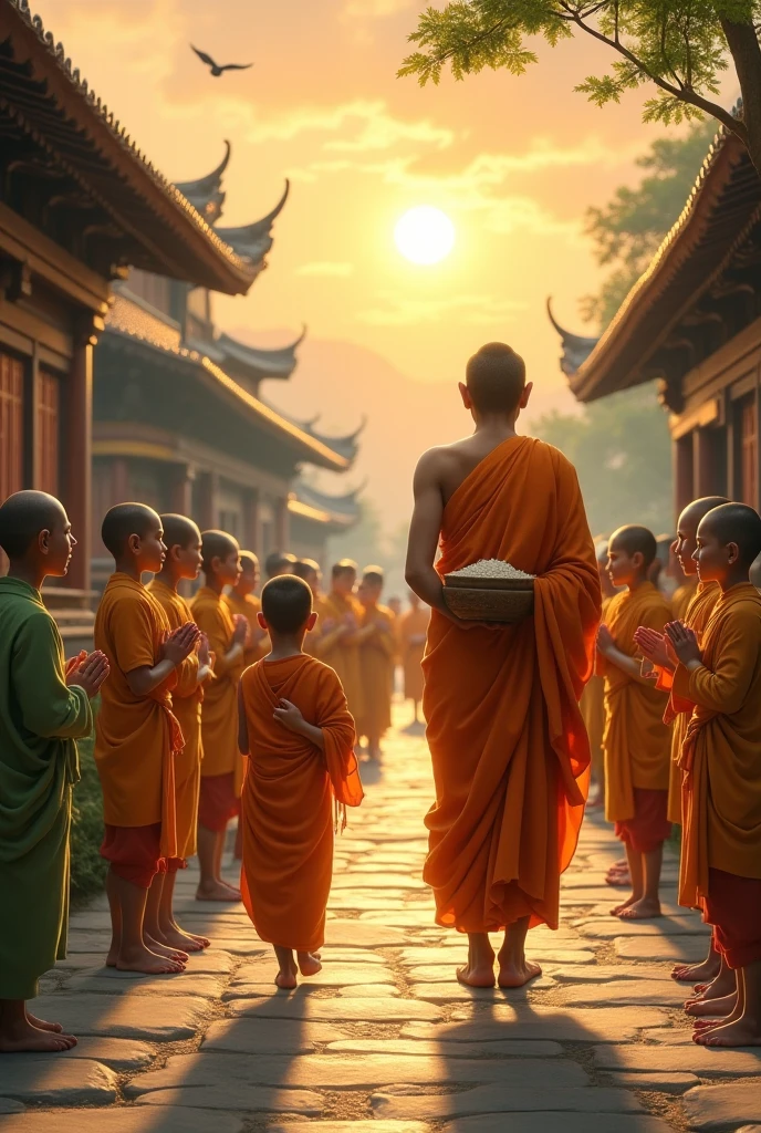 A surreal image of Thai people and villagers paying respects. Thai family Standing monk holding an alms bowl. Monks. The realism of the temple., Realistic photorealism, perfect, high detail, sharp, 8k, fantasy art, realistic.
