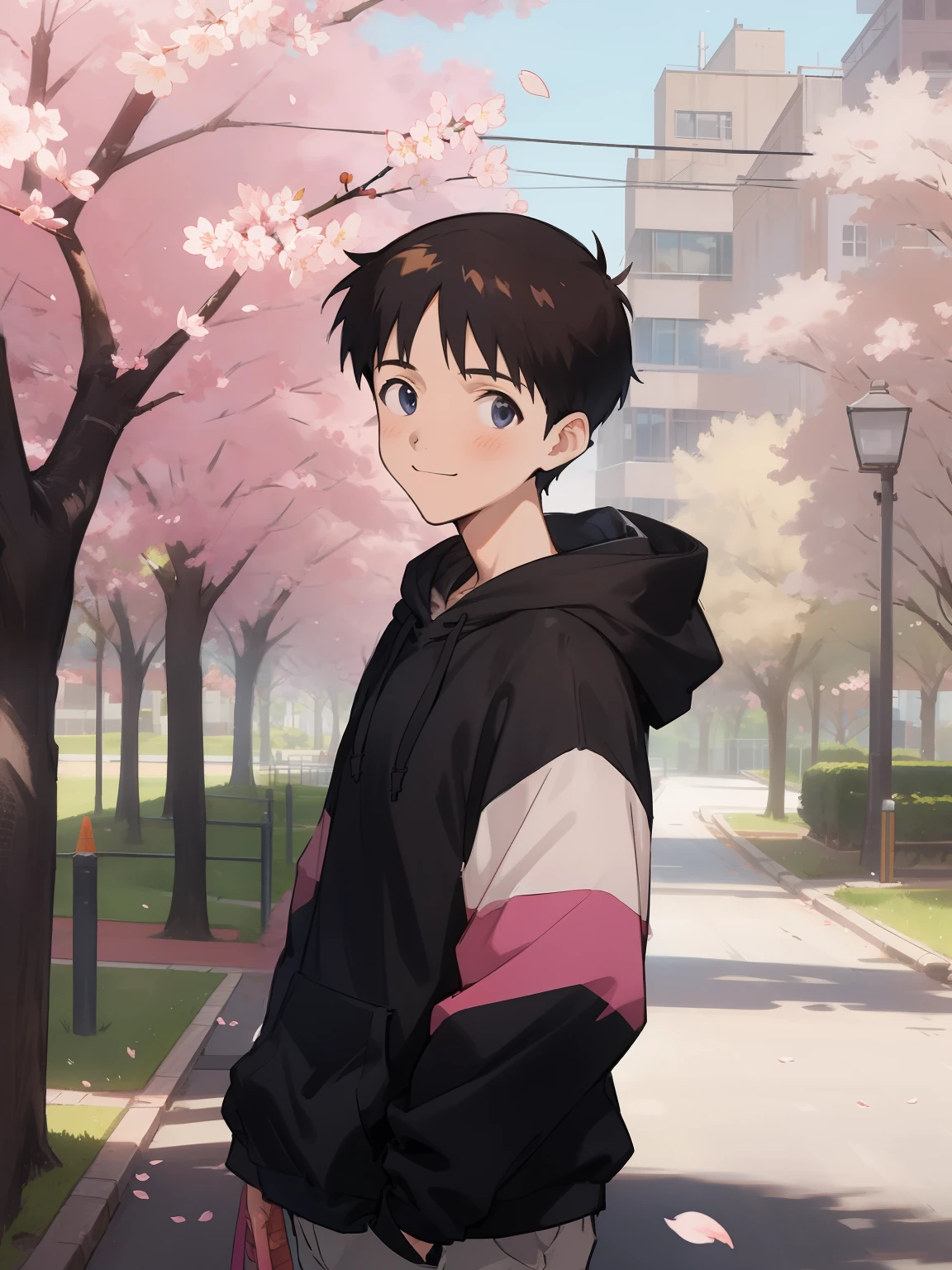 ((masterpiece)), top quality, (1boy:1.4), solo, (ikarishinji), black hoodie, male focus, looking at viewer, shy, light smile, city park road, cherry blossoms, cowboy shot, from front,