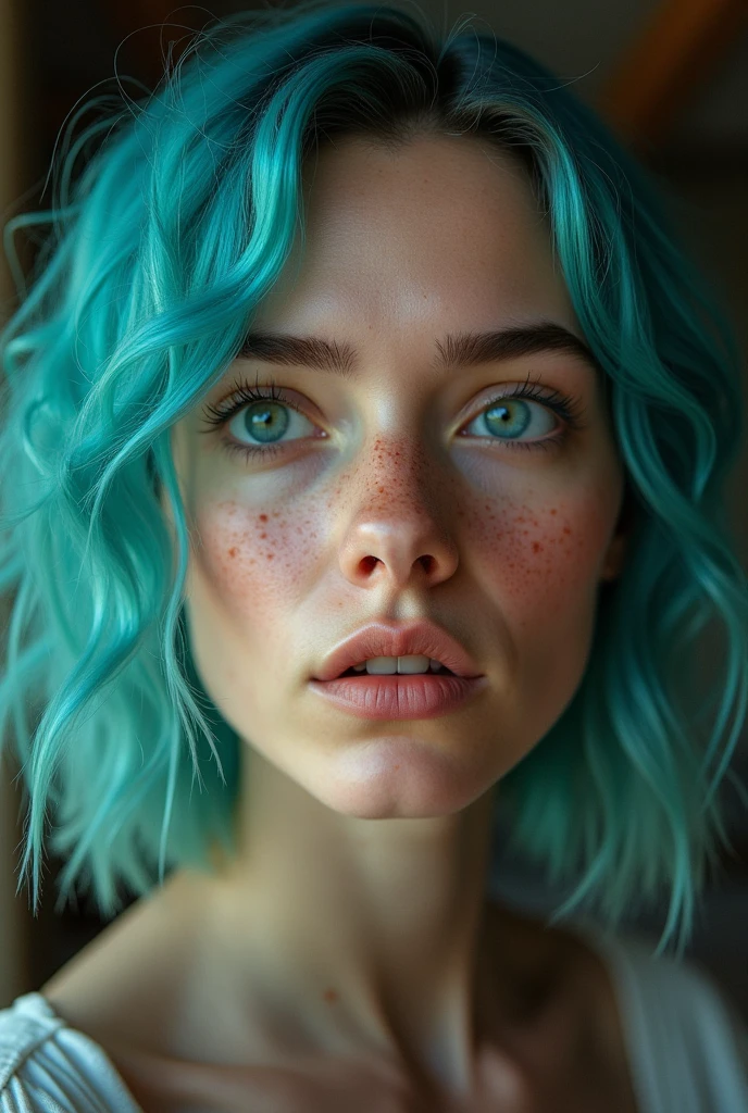 a photo of an extremely beautiful woman with light blue hair and hazel green eyes, she has freckles on her face, the girl is wearing makeup in pastel colors, the background color should be white, the lighting must look soft and natural, the composition of the picture will focus on the details of facial features and expressions, capturing their beauty and personality, the overall tone or mood should radiate confidence and elegance,
