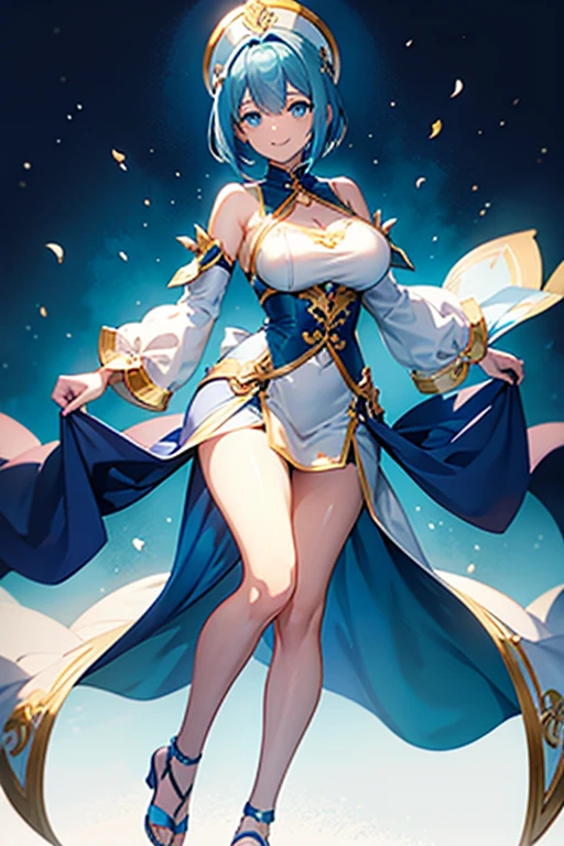 A blue spirit, goddess, elegant outfit, smiling, crying, medium breasts, short hair, hot, thighs, flowy clothes
