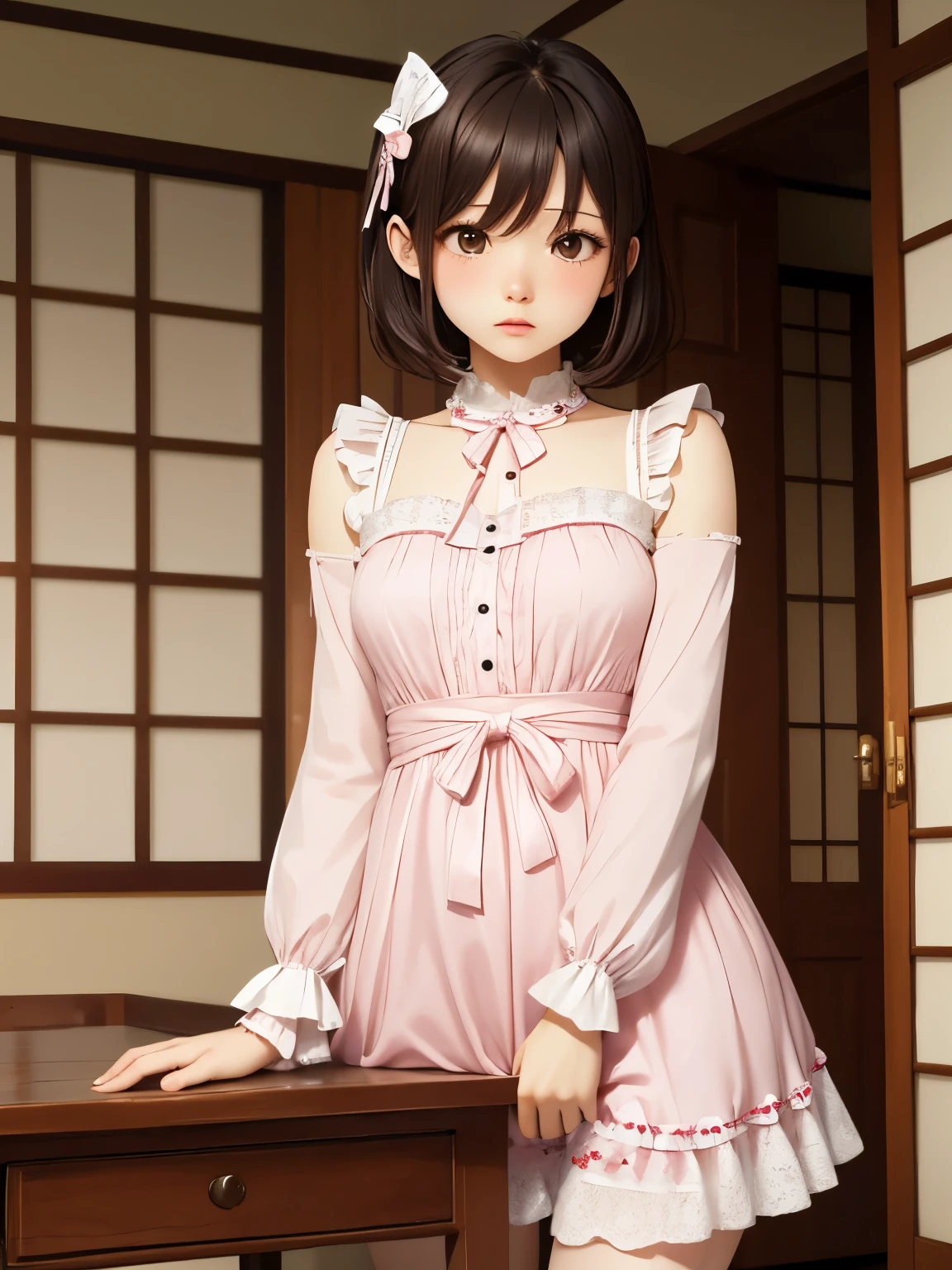 (highest resolution, clearly_ images), top quality, masterpiece, Pink ta Dress Loliapanese actress face、light makeup、embarrassed expression、Perfect limbs、short hair、Table sex、putting hands on the table、Press your crotch against the corner of the table、Pleasure、plump body、and sticks out the hips、pee
