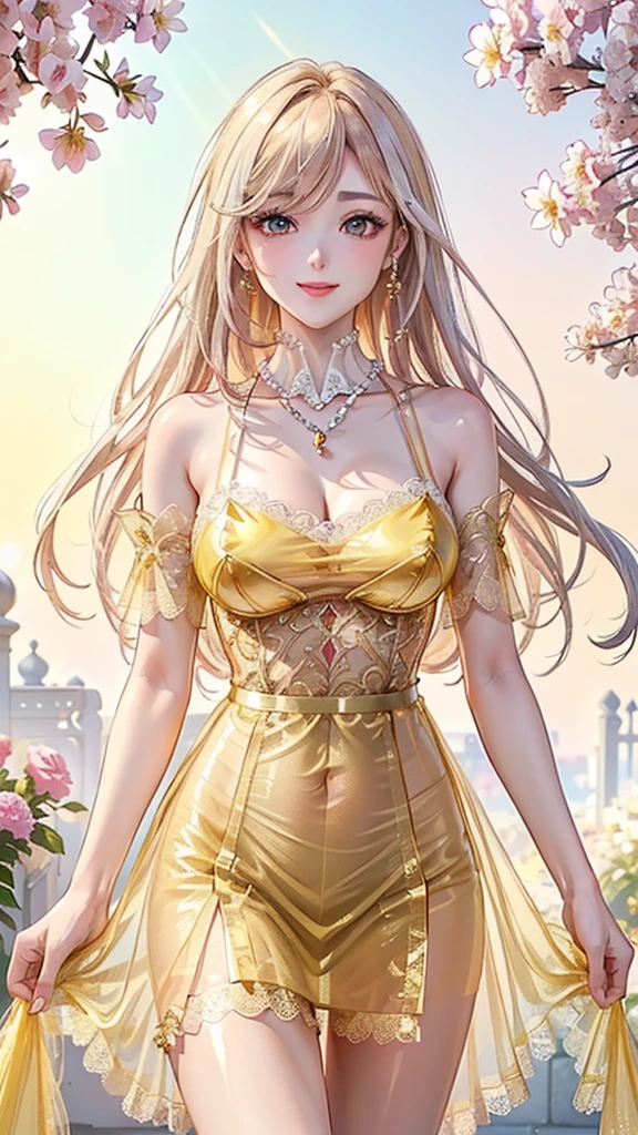 Armpit Show,Red eyes, (highest quality, masterpiece絵画:1.3), Mature Woman, 26 years old, (Upper Body Shot), masterpiece, Ultra-high resolution, (Photorealistic:1.0), Bright silver hair、Straight hair, Beautiful and shiny hair, White and glowing skin, ((Ultra-Realistic Details)), Octane Rendering, Highly detailed face, (Big Breasts:1.0), She wears a stunning outfit inspired by the Belle Epoque style, A flowing golden dress decorated with lace and ribbons, (clothing: Gold Belle Epoque dress with lace and ribbons), Cleavage, Perfect body, Soft Skin, Anime Face, Perfect Face, Perfect Eyes, (Left eye wink), Looking at the audience, Smart, Against the background of cherry trees, church, Cherry blossom petals falling, Outdoor,Sharp focus, Intricate details, Professional artwork, (Bright colors:1.1), Bright colors, diffused Lighting, Digital Blending, Ultra high definition body,Condescending eyes, Ultra detailed hair, Highly detailed face, that'that'Trending on pixiv, Open the top button, Cute gaze, Compensate, Perfect Lips, perfect Compensate, Ultra-precision coating, (Light_smile:0.6), (Very embarrassed:0.8),