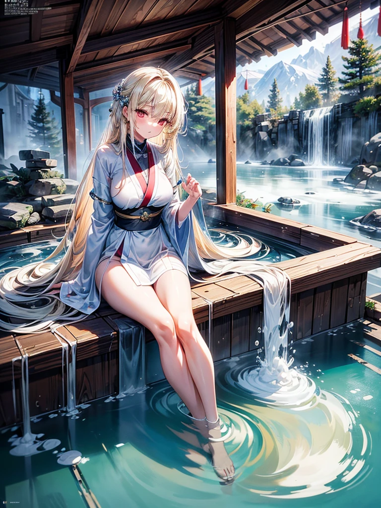 shenhe_\(genshin_impact\), hiten kei style, claude monet, oil painting, masterpiece, hyper realistic, realistic skin, best quality, 1girl, lakeside, huge breasts, huge nipples, erect nipples, looking at another, topless, full body, vector illustration, nipples, light smile, blunt bangs, long hair, bare shoulders, white hair, braided, wet, soaked, raining, sarong, loincloth, black pantyhose, red tassel, magnolia leaves, autumn, sky, hands up, arched back, stretching, open mouth, bored, waterfalls, cliffs, falling leaves, resting, holding a wooden pail, wet body, pouring rain, washing her body, taking bath, arched back, floating orbs, enchanted light, glowing flowers, bare back