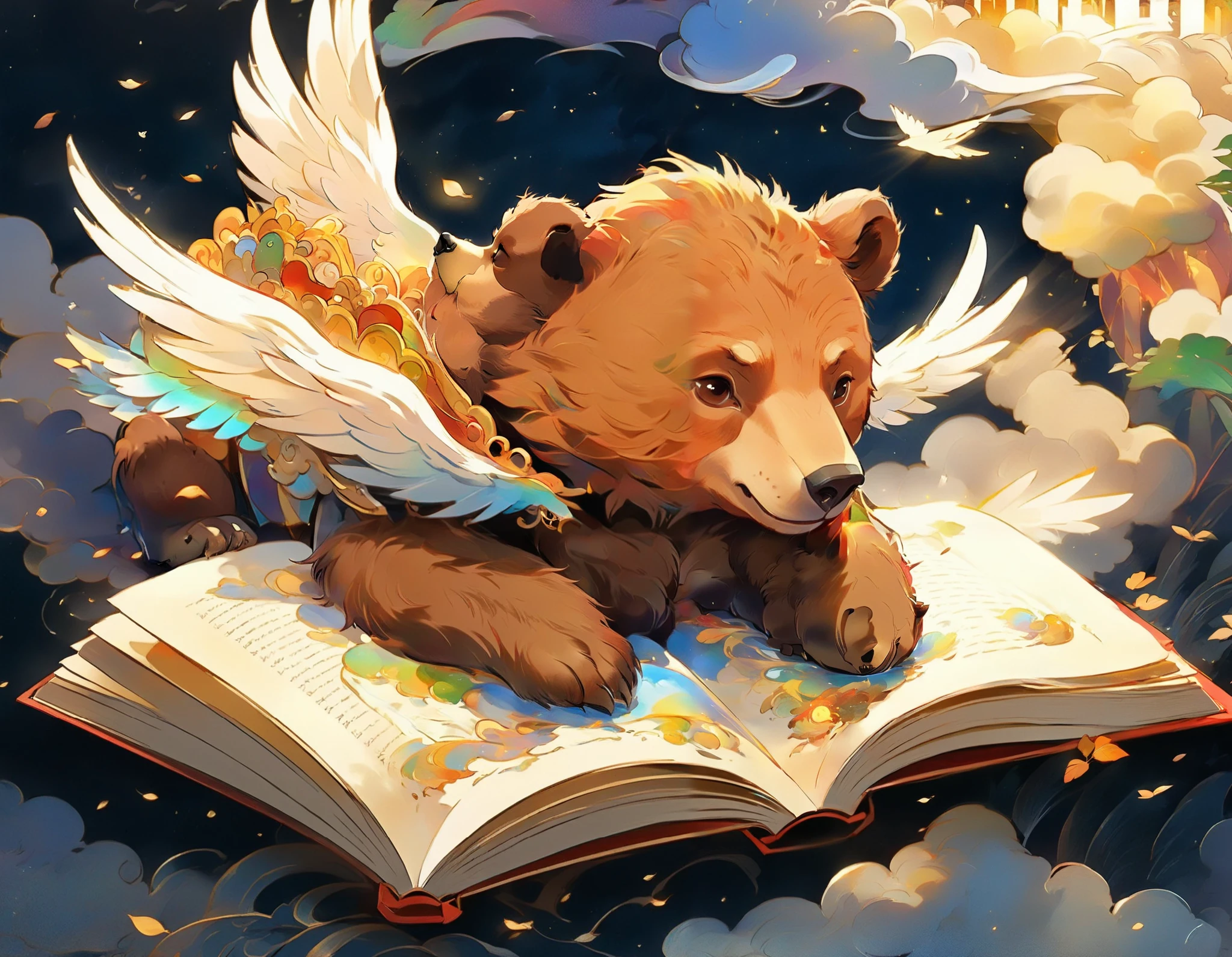 [[warmth,the cute little brown bear,forest,illustration,「Castle in the Sky」On the pages of the book,Sudden,A golden light surrounded him。floating like a feather。As the light dissipated,He found himself standing in a castle floating in the sky!