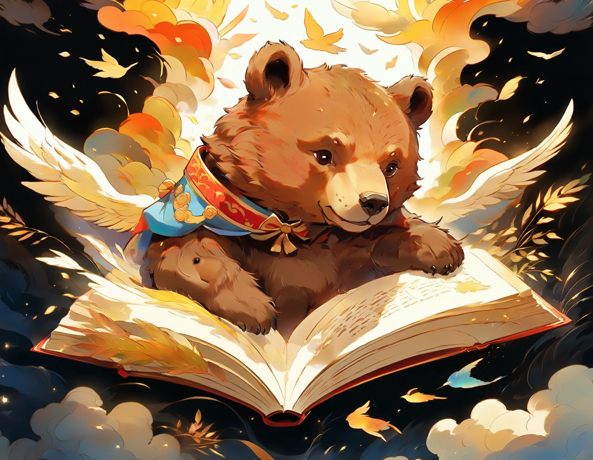 [[warmth,the cute little brown bear,forest,illustration,「Castle in the Sky」On the pages of the book,Sudden,A golden light surrounded him。floating like a feather。As the light dissipated,He found himself standing in a castle floating in the sky!
