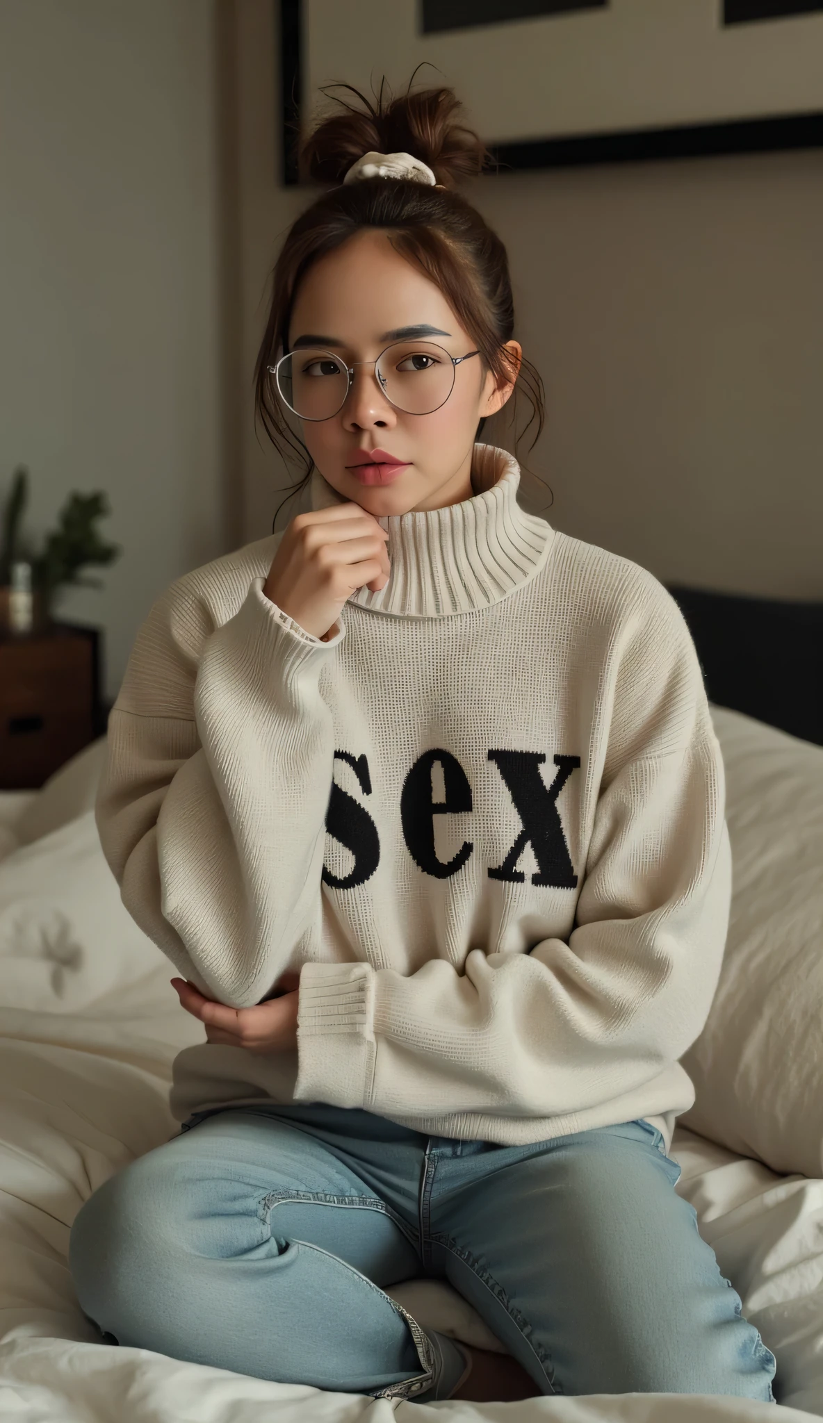 A girl in baggy turtle neck sweater with rounded glasses, she has bun hair with ribbon. The turtle neck sweater has "sex" written on in. She is kneeling on a bed