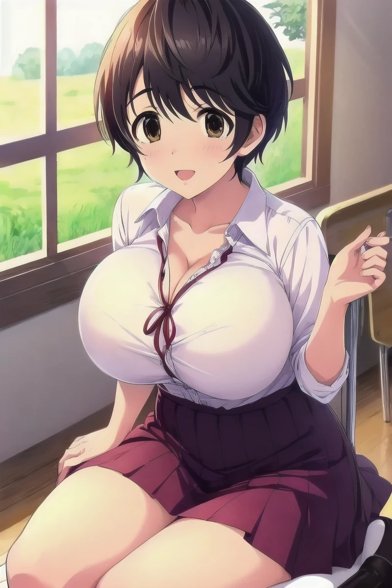 (8K, Raw photo, highest quality, masterpiece: 1.2),8 year old boy,1 person,30 year old Japanese woman,Mother,housewife,huge breasts,mature woman,smile,squat,break,1 boy、1 female,Facing each other,NSFW,Chest grab,Side view