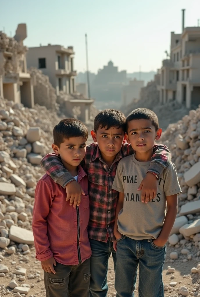 Palestinian children at the site of their demolished house, daylight breaking through the destruction, the environment filled with twisted metal and broken concrete, a mix of sadness and determination in the air, Realistic photography, full-frame camera with a 35mm lens, --ar 16:9 --v 5