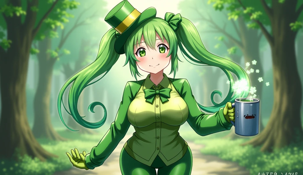 <lora:ShamrockWorld:0.6>, ShamrockWorld, <lora:edgShamrockv1:0.8> edgShamrock,green dress,, clover print, wearing edgShamrock, top hat, green stripes <lora:xuer orient inspired sky cloud water tree no humans building scenery_20240301085534:0.8> xuer orient inspired