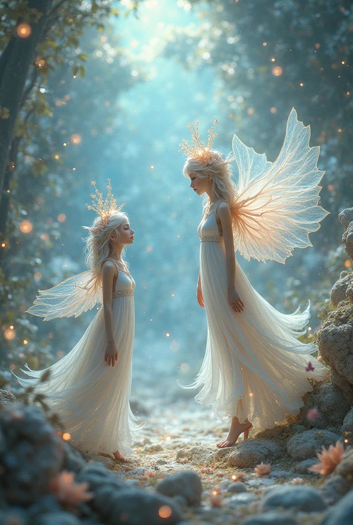 "A Luminous Fairy, a radiant being who harnesses the power of light and hope. She has flowing golden or white hair, with wings that shimmer like transparent prisms, reflecting light with a celestial glow. Her eyes are bright and shining, radiating warmth and compassion. She appears to be in her late 20s, though her true age remains unknown. Her attire is elegant and moderately revealing, adorned with light-infused patterns that exude a divine and heavenly aura. Her expression is warm and nurturing, with a gentle, reassuring smile and eyes that convey a deep sense of kindness. Luminous Fairies are born from particles of light in places blessed by the sun or stars, embodying the essence of hope and healing."