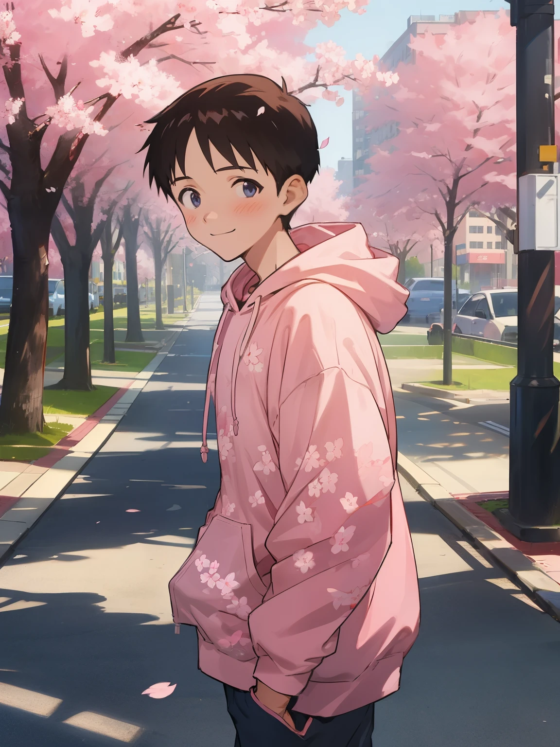 ((masterpiece)), top quality, (1boy:1.4), solo, ikarishinji, pink sakura printed hoodie, male focus, looking at viewer, shy, light smile, city park road, cherry blossoms, cowboy shot, (from front view),