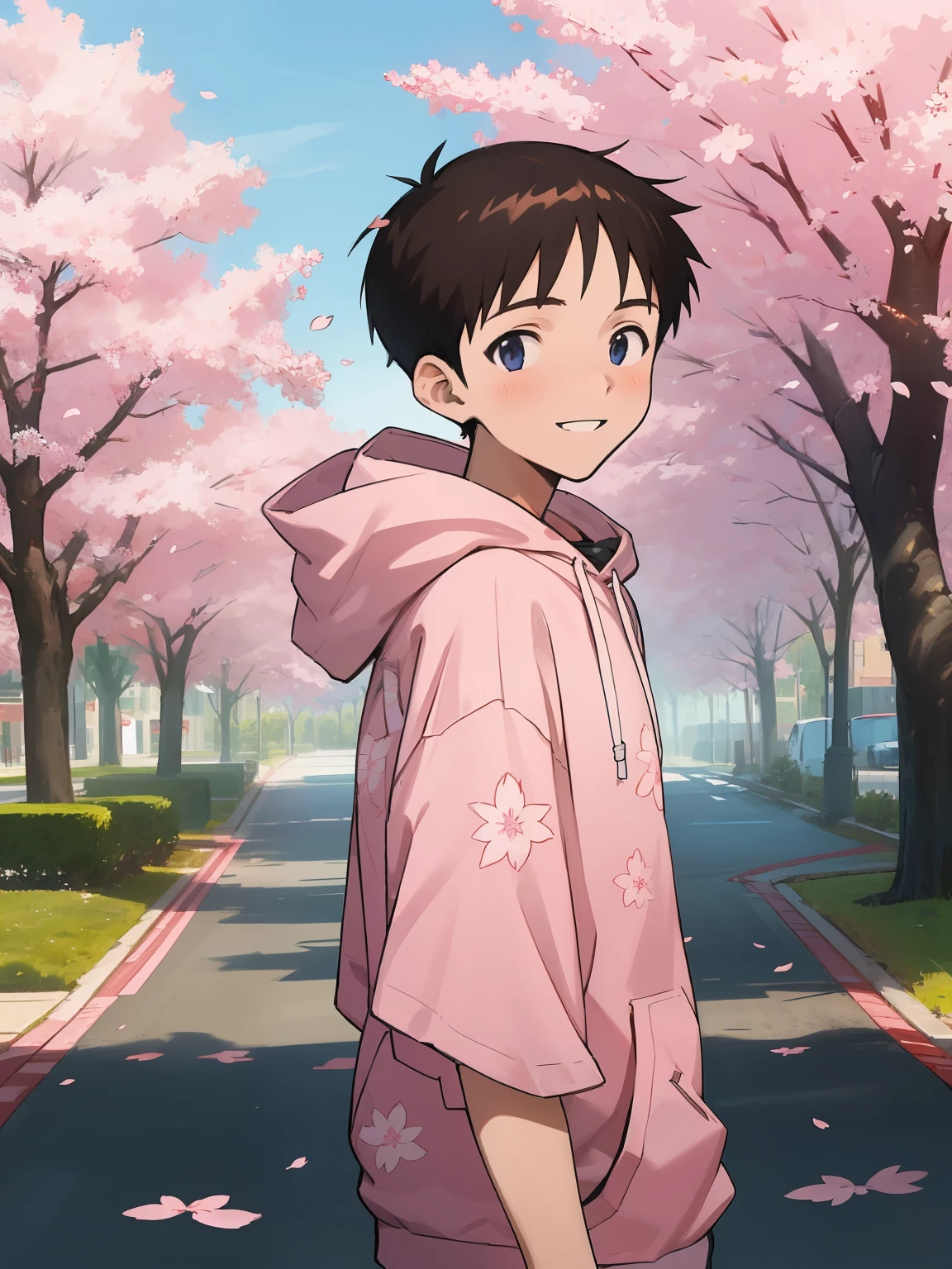 ((masterpiece)), top quality, (1boy:1.4), solo, ikarishinji, pink sakura printed hoodie, male focus, looking at viewer, shy, light smile, city park road, cherry blossoms, cowboy shot, (from front view),
