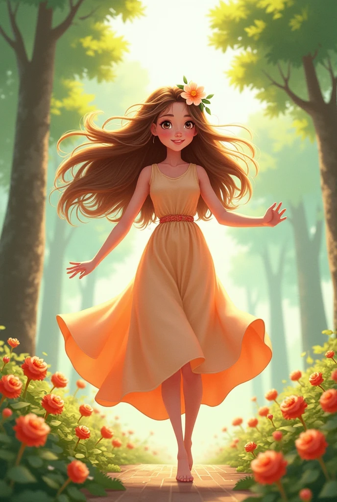   in cute green dress waving 