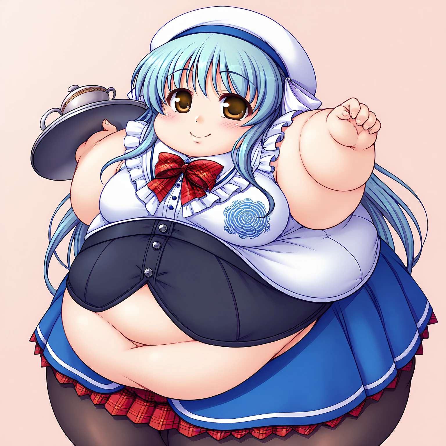 7ft Tall Anime girl with long white hair, two ponytails, 21 years old, gigantic breasts, thicc, gigantic thighs, gigantic butt, topless, 2 arms