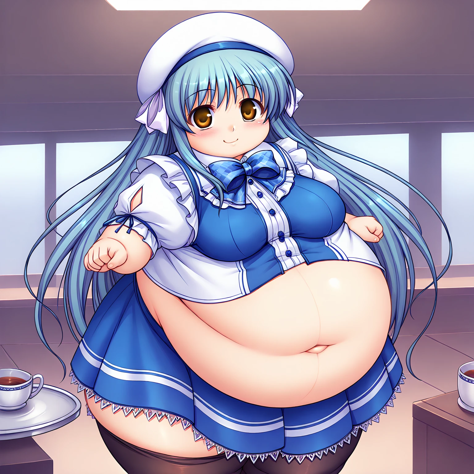 fat, large belly, standing, fat belly, very fat, large stomach, chubby, Aqua, Aqua Konosoba, very fat, safe for work, obese, giant belly, fat, huge, heavy, very fat, safe for work, fat, large belly, standing, grabbing belly, very fat, large stomach, chubby (best quality, masterpiece), sitting, empty dishes on table, wearing pajamas, holding her belly, sitting, empty plates on table