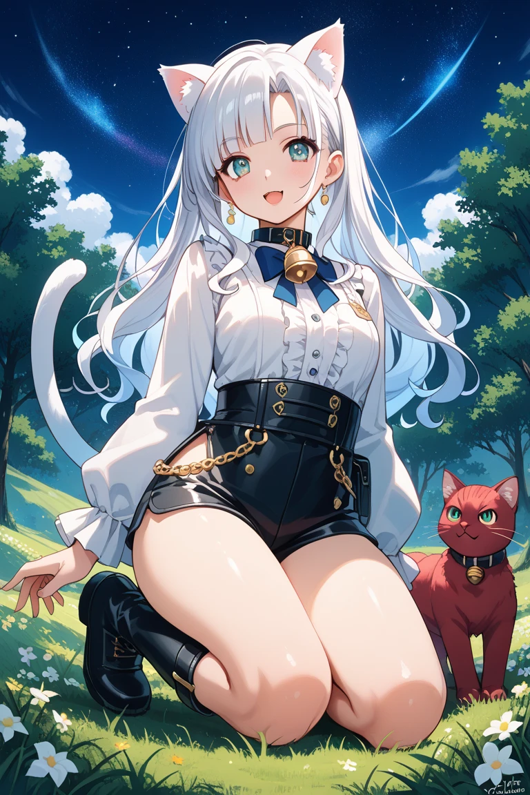 Blush, ((((White color blouse)))),  white long boots, (on top of the bed), Kneeling, D-cups, White hair, ahoge, Heart-shaped pupils, blue color eyes, (((((cat ear))))), is shy，White gloves， torogao, Reflectors, Yandere, anime big breast, Chiaroscuro, Ray tracing, shadowing, hyper HD, Masterpiece, Accurate, Anatomically correct, Textured skin, Super detail, High details, High quality, Award-Awarded, Best quality, A high resolution, 16k，(There is love around you)，((((Tempting))))