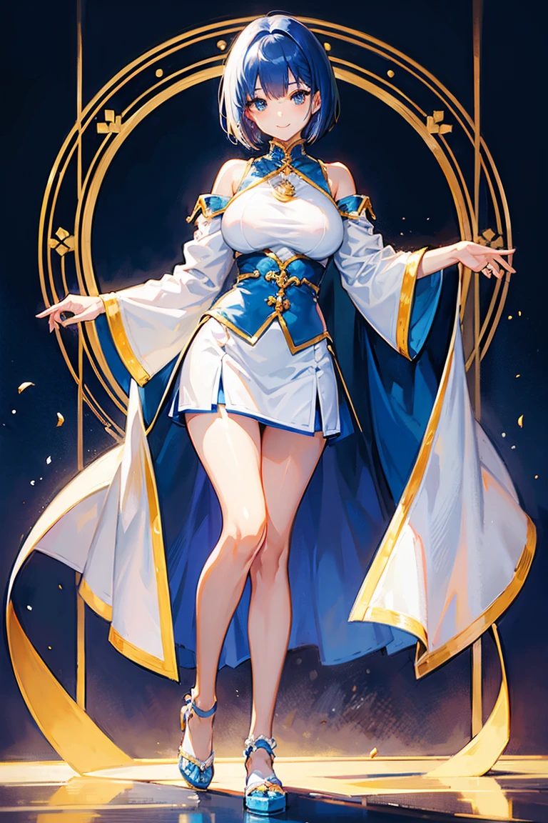 Solo,Absurd resolution、hight resolution、(masterpiece:1.4)、ultra-detailliert、(Detailed finger),(One girl)、Beautiful detailed girl、A detailed face、clear and beautiful, Character as the main point of view, Radiant skin, Girls, femele, 年轻, (blue hairs),(shorth hair),(short-cut),(Shortcut Hair),(blue eyess)kawaii、beautiful countenance、beautidful eyes,((Knights))、Fantasy costume,Original Character,((Wearing armor)),((Costumes of medieval Europe)),,(Colossal tits:1), (thighs thighs thighs thighs:0.8),(Facing:1.2),(Full body portrait),(Standing:1.3),(shoes on),Simple background、((white backgrounid)), Female Warrior