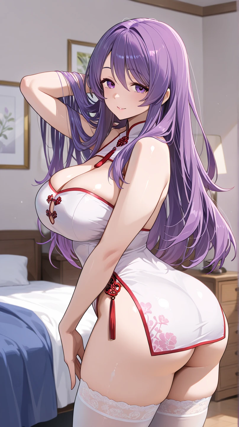 teens girl，anime big breast，white color hai,Purple hair, blue eyes, red evening dress