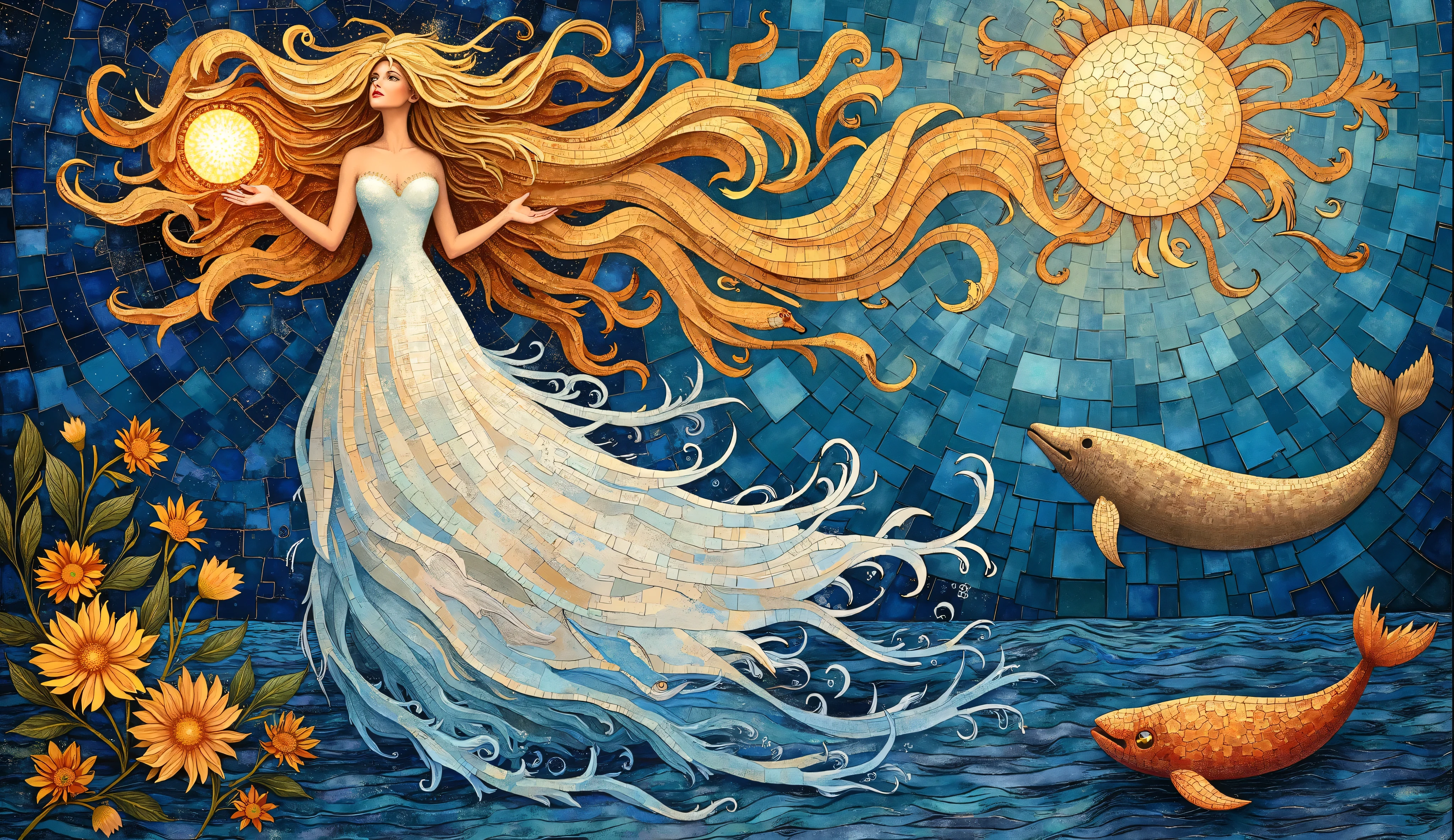  a representation of the Mother of Water from Brazilian folklore, An image of a full-bodied woman, stylized, Your hair made of gold (old gold) fly in the wind and involves the whole scene  and she holds a fireball also represented in gold, It comes out of the water and we can see animals from the Brazilian aquatic flora also represented in white, such as the manatee, the cobra, And the button in addition to representations of flora, Like Vitória Régia and native trees, . 