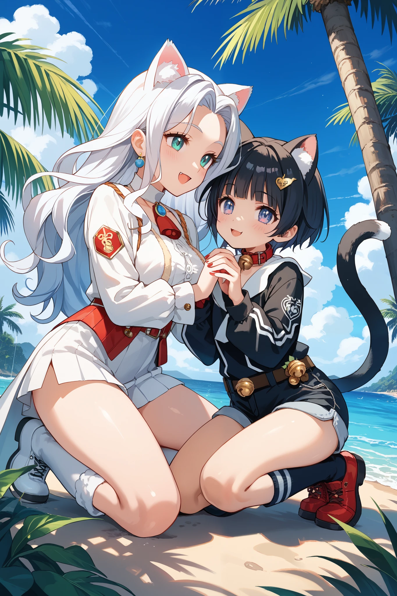((Two Japanese girls、Cat ear)), ( small)), Braided Long Hair、Braid、twin tailasterpiece, 最high quality, high quality, Highly detailed 8K wallpaper,riverside、camp、golden hair、Black cat hair ornament、summer、intense heat、heavy breathing、breathe、Sweat、cute girls、cute bikini、micro bikini、サイズのsmall服、Groping hair、(droopy eyes、small mouth、Mole on collarbone)、Cute armpits、comb your hair、spreading hair、No modification、(big breasted wife、Schoolmate、Multiparous woman、Yukata swimsuit)、（No underwear）、big breasts、（激しいSweat）、(Women's OL、Cute Armpits、Before menarche、cute thighs、The most lustrous thighs、barefoot、T-back）、（mini skirt:0.3）、(troubled face、Grinning face、Small fangs）、（Cheating on a date、Sit on the Banana Boat）、（spread legs、Panty shot、Pink string visible through pants）、Life-size、The camera is a little lower、cross your legs、Skirt flip、Wind、Wave、panty shot