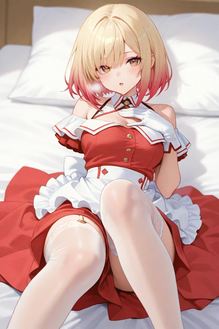 highres, absurdres, best quality, masterpiece, solo elphelt valentine, blue eyes, pink hair, short hair, rabbit ears, cleavage, bridal veil, spiked hairband, juliet sleeves, wedding dress, red gloves, clover, shoulder spikes, red belt, bedroom, lying, ((bed)), long dress,      <lora:elphelt valentine-000005:1>