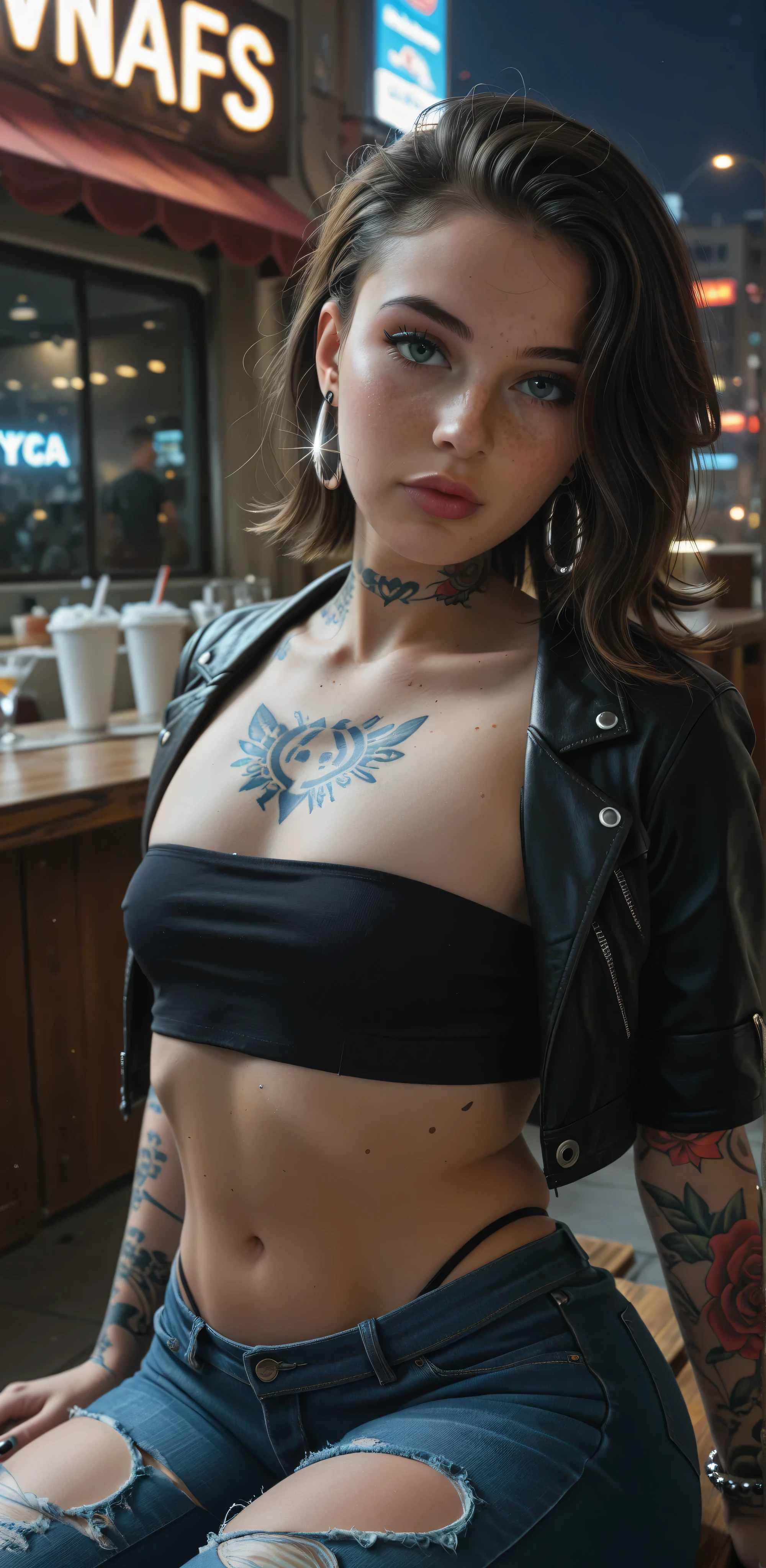 Adorable 18 year old goth girl,youthful face, small breasts, perky breasts, (wide hips:1.4),(thick thighs:1.4),(big ass:1.4),night scene, Cyberpunk city,neon lights, red-light district,(wearing a black sheer tube top,ripped skinny jeans, cropped leather Jacket,string thong),high heels, jewellery, anklet, armlet, wide hips, Thick thighs, Big ass, Makeup, cateye eyeliner, heavy eyeliner, big eyes,almond shaped eyes, light blue eyes,(light freckles:1.3),fully lips, Thick lips, manicured nails, black nail polish, (body covered in classic tattoos:1.7,tattooed neck:1.3, tattooed chest:1.3),Dynamic pose,Seductive pose,Dynamic angle,close-up portrait,SFW,High Resolution, Masterpiece, Accurate, Anatomically Correct, Award Winning, Best Quality, Detail, HD, High Details, High Quality, Quality, Super Detailed, UHD, Textured Skin, Medium Hair, Crystal Earrings, Light Blush, Sparkling Eyes, 135mm, Sony FE GM, Ray Tracing, God Rays, Realism, Unreal Engine,professional photography,focus on face and breasts,(close-up Selfie),sitting in an outdoor Cafe,