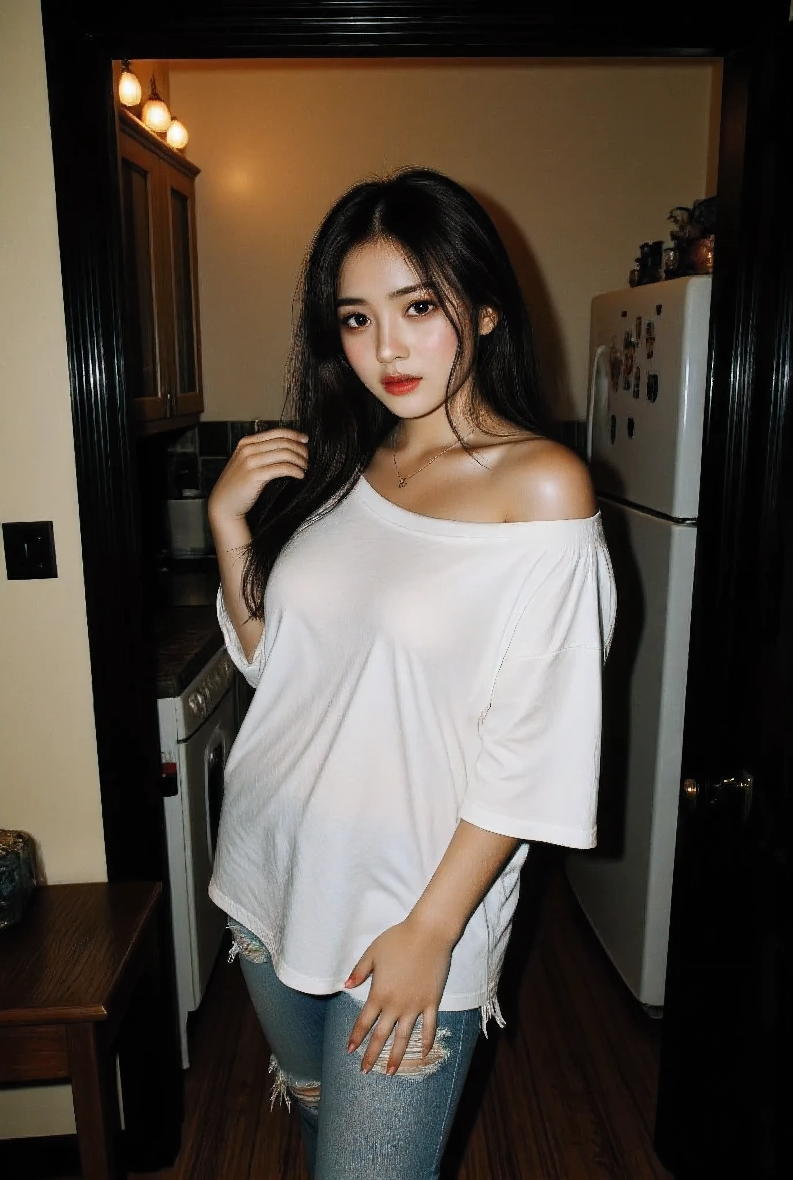{(no bra, braless)} Taken from a Leica m9 50mm 1.2, lowlight photography, At the house, seductive small smile, My Sweet adorable innocent and sexy korean goth girl mommy is standing in the doorway from the cluttered but homey and cozy countryside kitchen looking at me in pleasant surprise as she comes in, sexy and voluptuous 30-year-old goth milf in loose white oversized comfy t-shirt tucked into her ripped jeans, 1girl Cozy bedroom , 4kPhoto_PDXL Photorealistic, 30 years old , Filipina-korean goth girl brown skinned pacific islander Spanish mix girl, high resolution, life-like details, Freckles, moles, simple and elegant demeanor, lovely and ethereal face, Photorealistic and life-like skin texture, , My Sweet adorable innocent and sexy mommy is standing in the doorway looking at me in surprise as she comes in, sexy and voluptuous 30-year-old goth milf in loose oversized t-shirt , 1girl, realistic,life-like skin texture,symmetrical,aesthetically pleasing,cinematic composition,detailed portrait,photorealistic,masterpiece,ultra-detailed,sharp focus,physically-based rendering,extreme detail description,professional,vivid colors,high resolution,4K,studio lighting,dramatic lighting,dramatic shadows,dramatic atmosphere,dramatic background,dramatic pose,cinematic framing,cinematic lighting,cinematic camera angle,cinematic depth of field,moody,dark,chiaroscuro,dramatic color palette,dark and moody,dramatic colors,