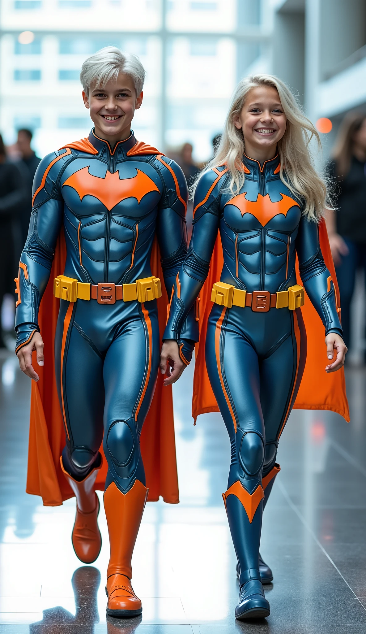 character: 1 boy , and 1 girl. They have white hair and They have Handsome faces.
action: Walk straight and look straight ahead.
Expression : smiling.
Costume : they Wearing futuristic white blue orange Batman body suit.
Background : A bright indoor public space , with people vaguely seen in the distance, shows that this picture was taken at a fun event or get-together, maybe a convention or costume . They radiate happiness as they walk confidently in their superhero costumes. Show the whole body.