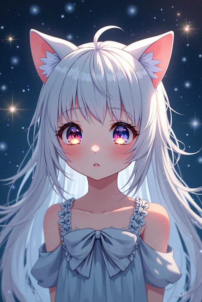 Highly detailed face,fine grain,Sparkling eyes,Highlighted eyes,Medium chest,pretty girl,smile,Cat ear,Beautiful silver hair,Pink inside,Beautiful pink eyes, dress, starry sky